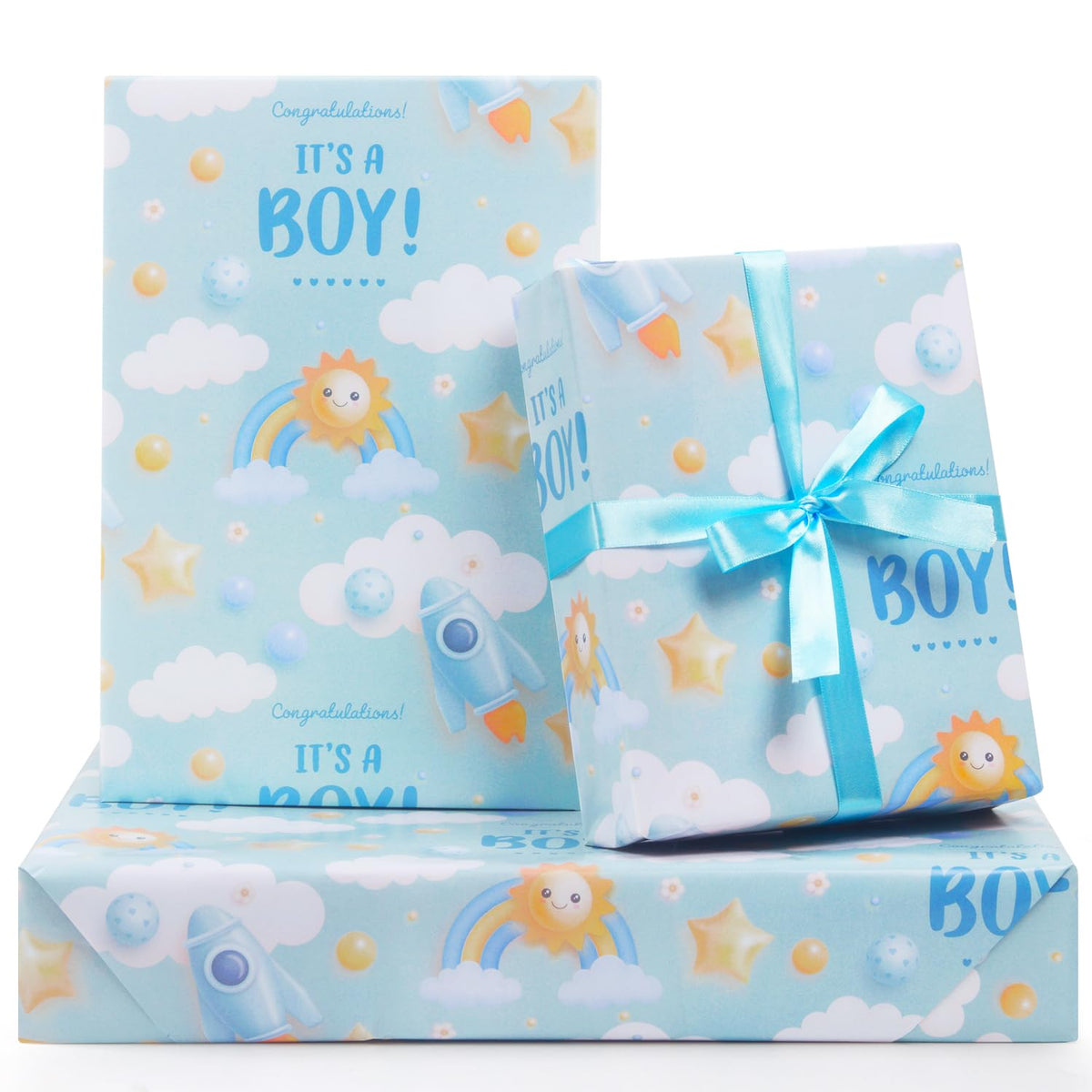 It'S A Boy Wrapping Paper For Newborn Baby Boy Kids, Light Blue Gift Wrap Paper,6 Sheets Folded Flat 20X28 Inches Per Sheet With Ribbon For Baby Shower Birthday Celebration Gift Wrap