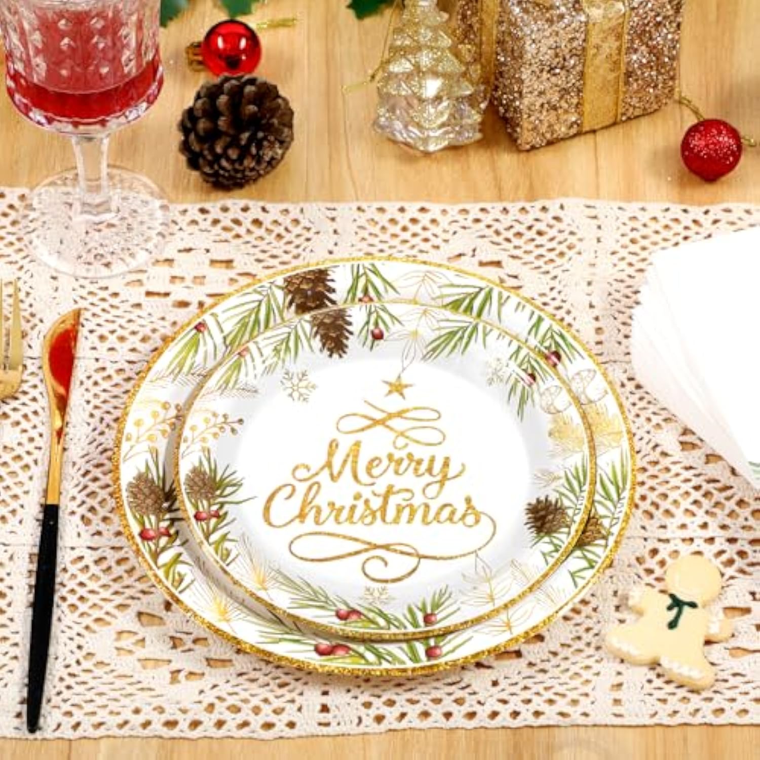 Christmas Paper Plates And Napkins, Christmas Tree Gold Plate And Napkin Disposable, Holiday Paper Plates And Napkins Sets For Xmas Holiday Winter Dinner, Merry Xmas Plate For Party Supplies