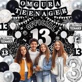 13Th Birthday Decorations For Boys Girls, Black White Omg Ur A Teenager Birthday Party Decorations, Official 13 Teenager Backdrop, 13 Foil Balloons, Banner, Balloons, Hanging Swirl, Birthday Card Set