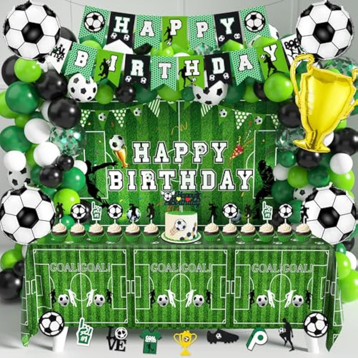 87Pcs Soccer Birthday Party Decorations - Tablecloth, Banner, Balloons & Cake Toppers