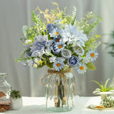Silk Dahlia Artificial Flower With Vase, Fake Faux Rose Flowers Bouquets In Vase For Home Office Table Decoration (Dahlia-Blue)