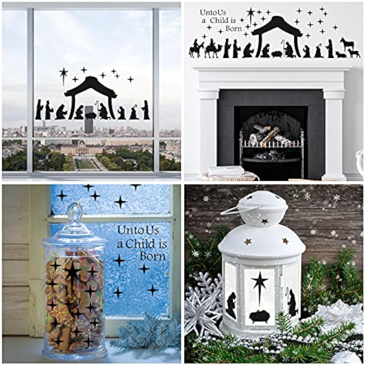 Large Christmas Nativity Scene Wall Decor Stickers Nativity Vinyl Wall Decal Christmas Decorations Religious Wall Murals Modern For Xmas Room Decor, Black (Unto Us A Child Is Born)