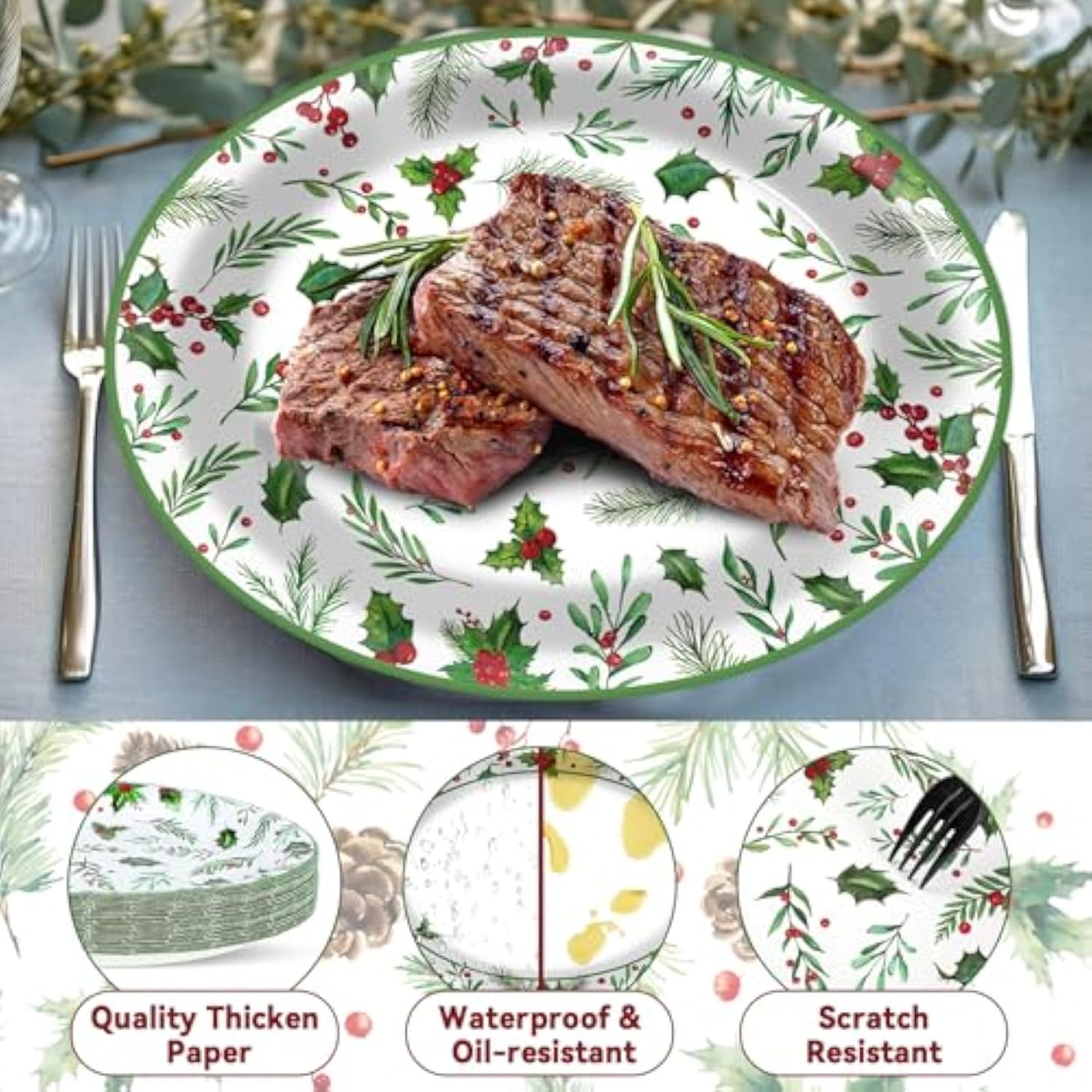 50Pcs Christmas Oval Plates Christmas Seasonal Holly Paper Plates 9.4 * 11.6Inch Large Disposable Platter For Merry Christmas Party And Holiday Party Decorations