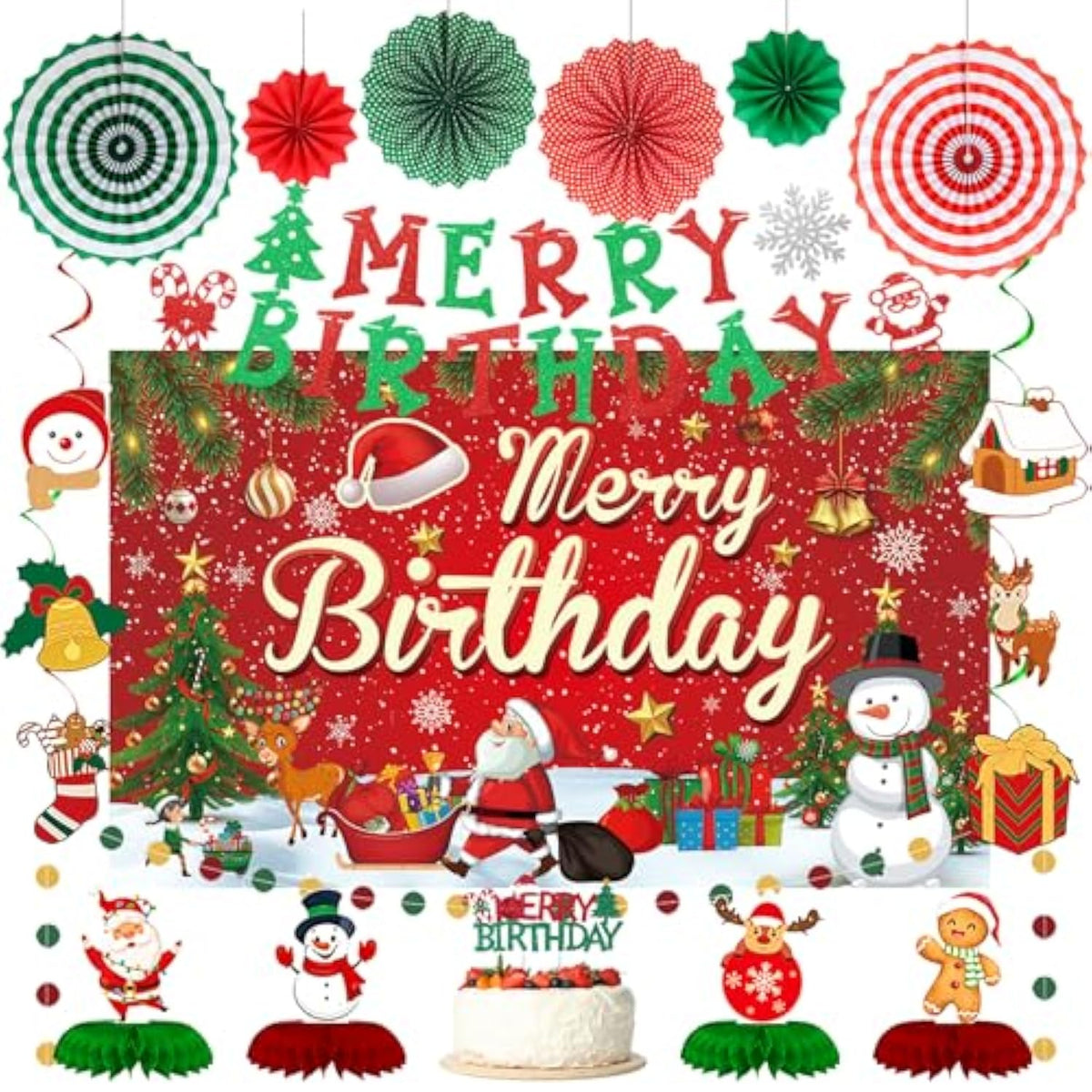 Christmas Birthday Decorations, Red And Green Merry Birthday Banner Paper Fans Hanging Swirls Centerpieces Cake Topper Kit, Christmas Xmas Bday Photo Backdrop Background Party Supplies