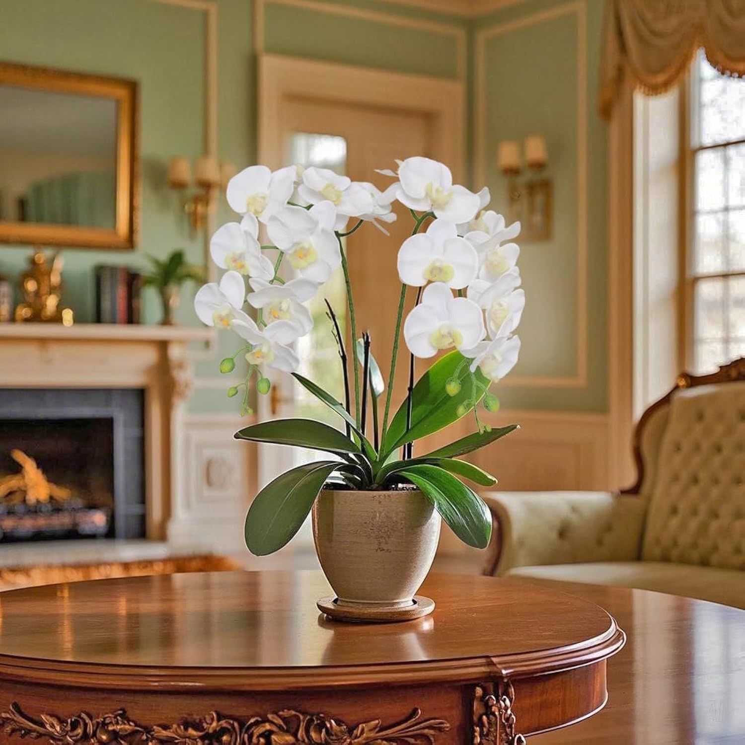 2Pcs Real Touch Orchids Stems Artificial Flowers Fake Phalaenopsis Orchid For Table Centerpiece Home Kitchen Wedding Party Decoration … (White)