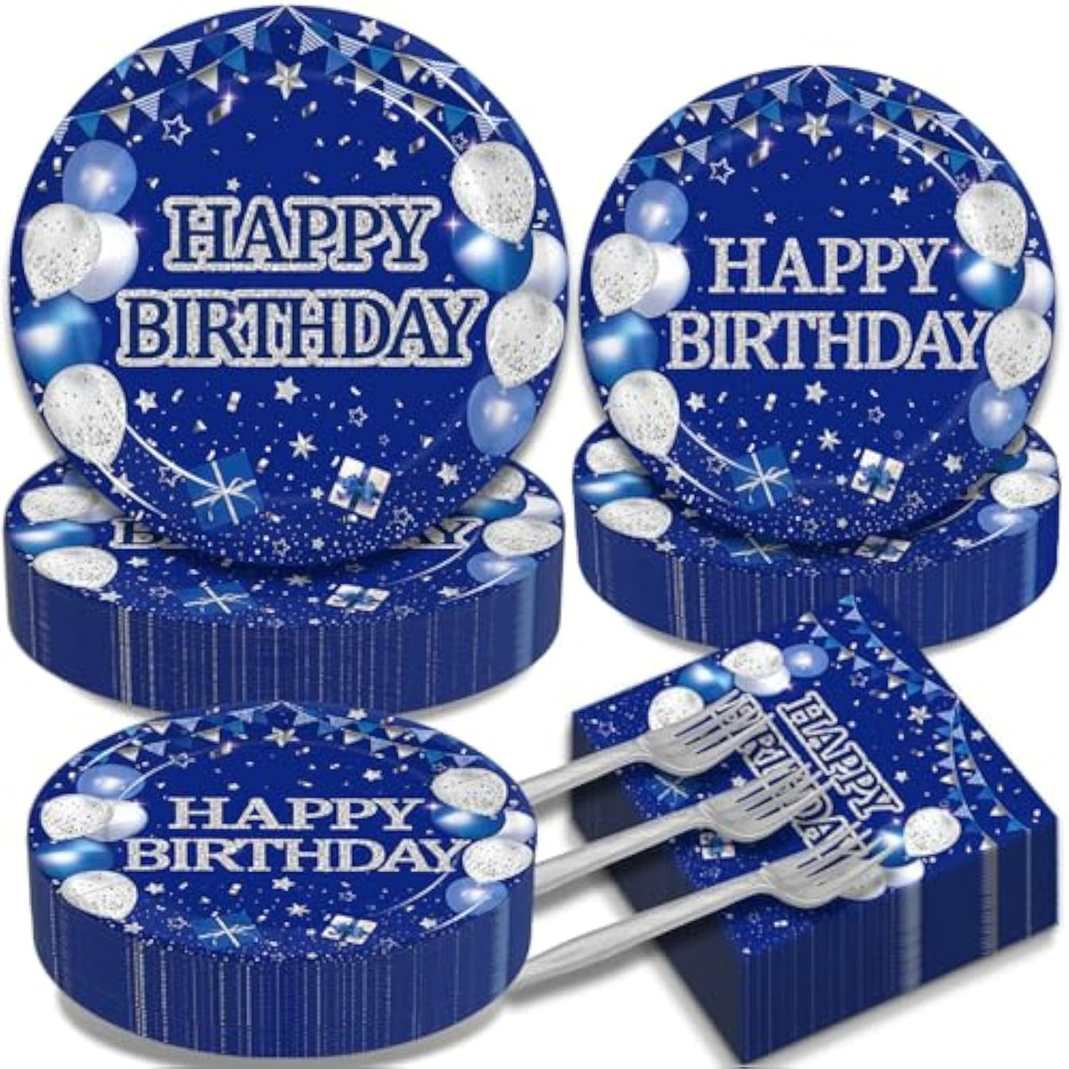 200Pcs Blue Birthday Party Tableware Set, Navy Blue And Silver Birthday Party Decorations Supplies For Men Women Party Dessert Plates Napkins Forks Favors, Serve 50