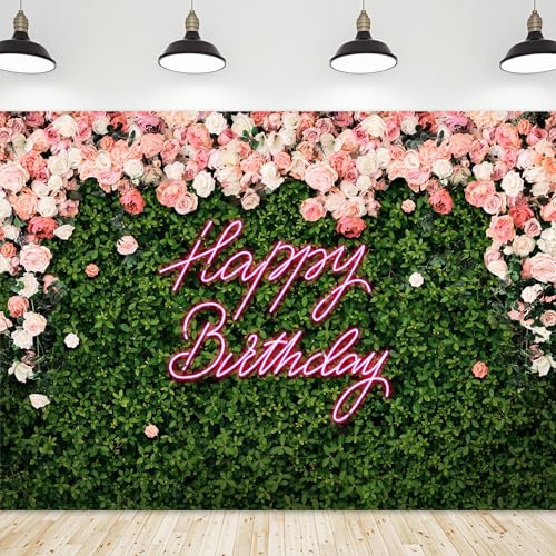 Happy Birthday Backdrop for Women Girl Green Grass Flower Floral Wall Decor