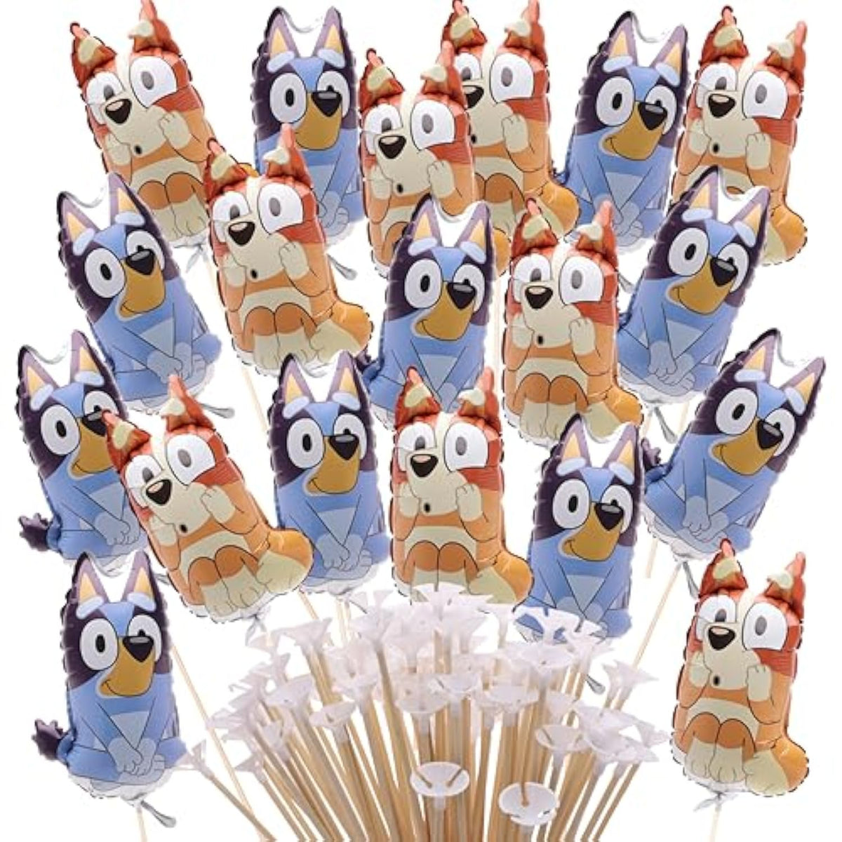 Pack of 20 Bluey & Bingo Mini Character Balloons with Sticks and Cups – Kids Birthday Party Decorations