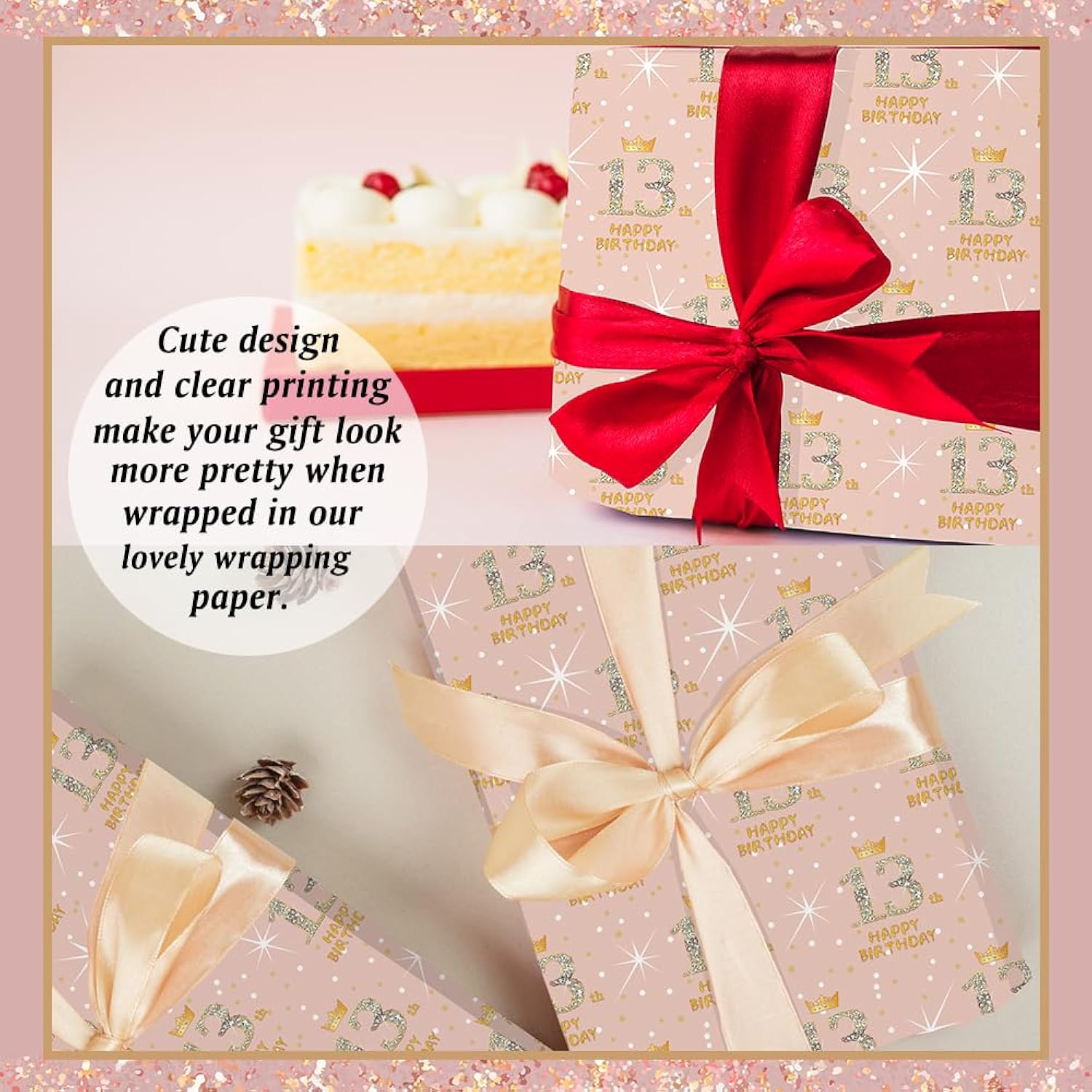 Happy 13Th Birthday Wrapping Paper For 13Th Birthday Girls, Rose Gold 13Th Birthday Decorations For Girls, Mini Roll 17 Inches X 16.4 Feet, 13Th Birthday Gifts Ideas For Daughter Granddaughter Friends