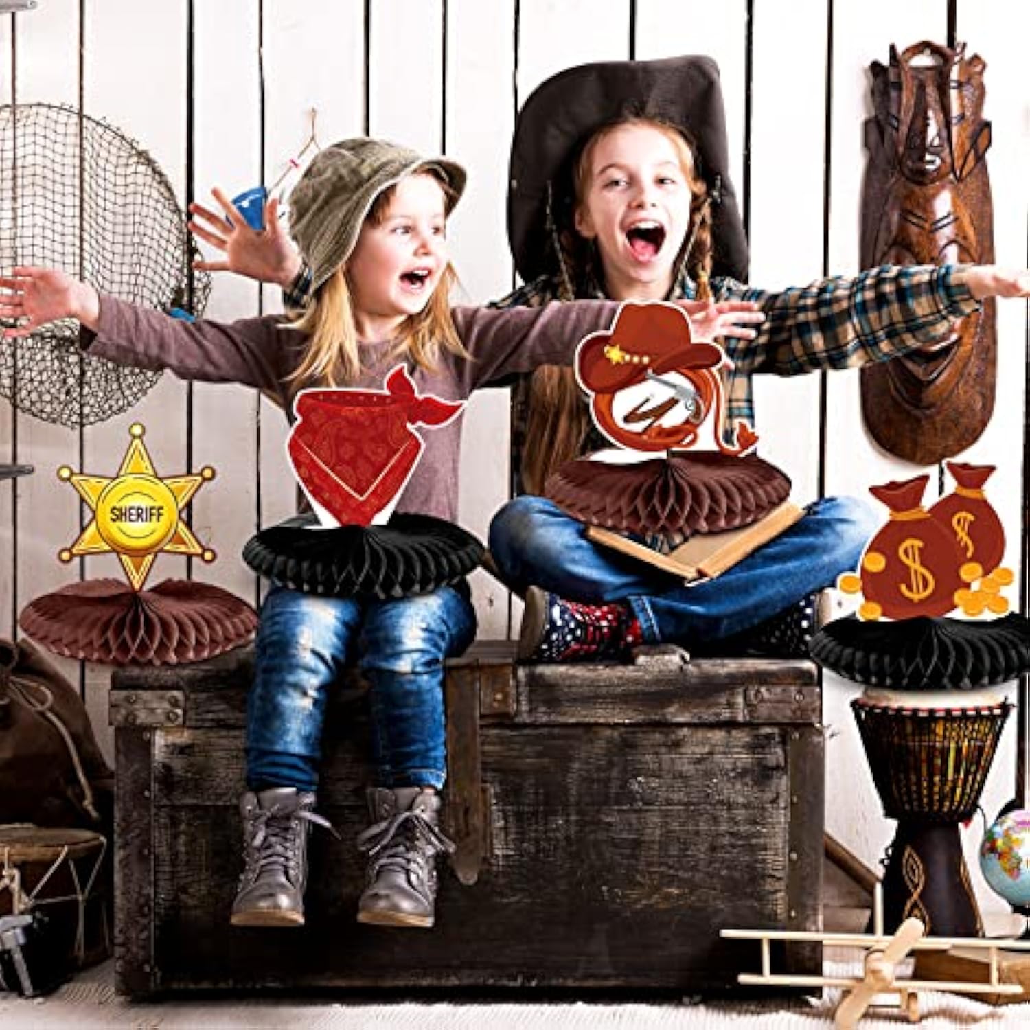 12 Pieces Cowboy Party Decorations Cowboy Honeycomb Centerpieces Weste