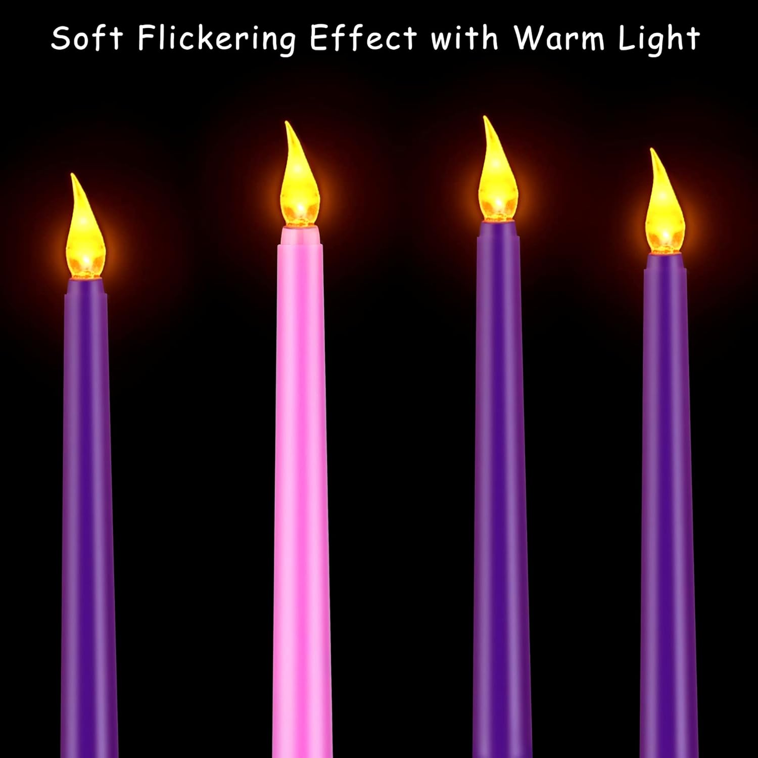 4 Pack Flameless Advent Candle Christmas Led Taper Flame Candles 10.6 Inch Remote Controlled Taper Candlesticks Flickering Window Candles For Christmas Wreath Advent Holiday Decor, Purple Pink