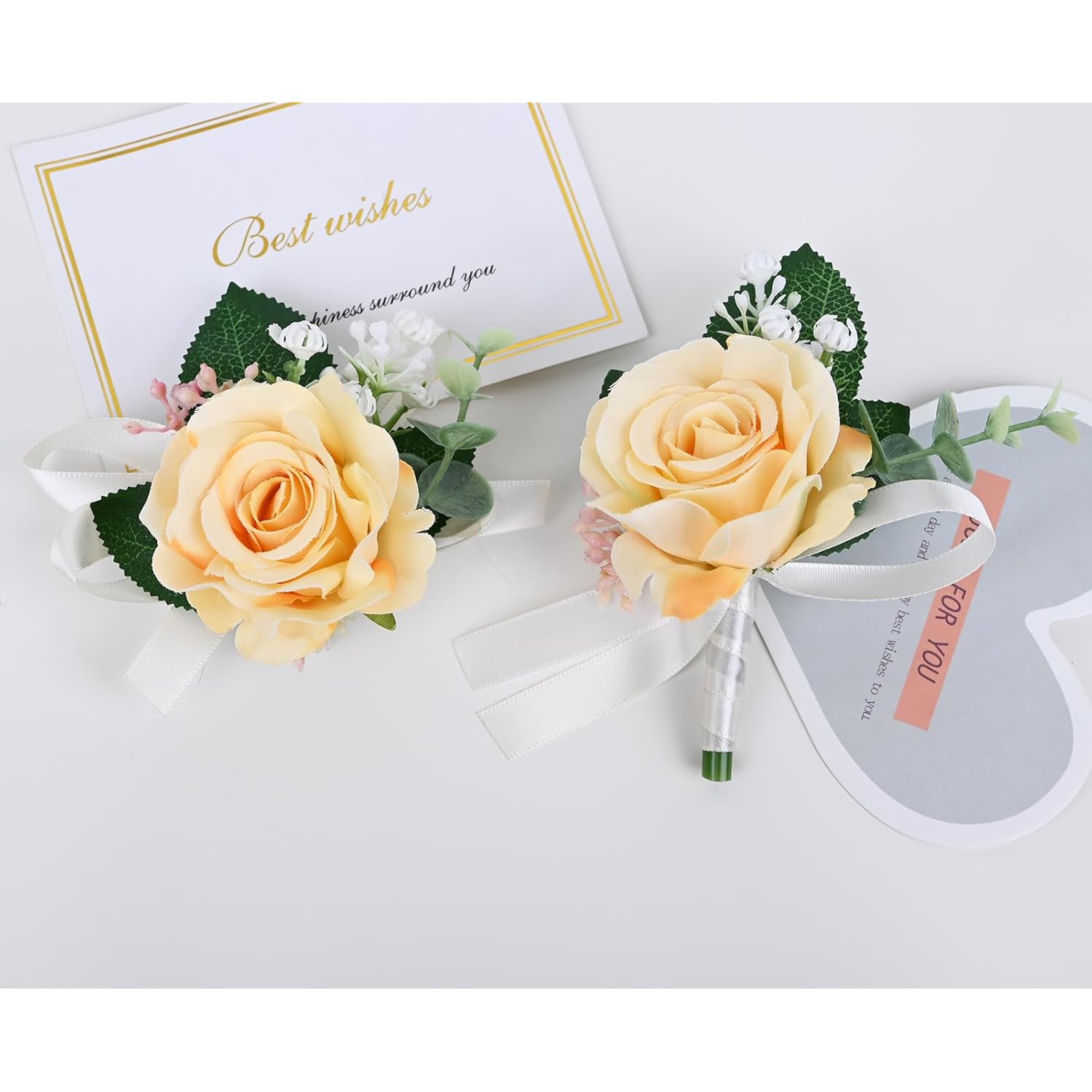 Wrist Corsage And Boutonniere Set For Wedding Prom Party Homecoming Celebration Artificial Flowers Accessories Suit Decor 2 Pieces - Yellow Orange