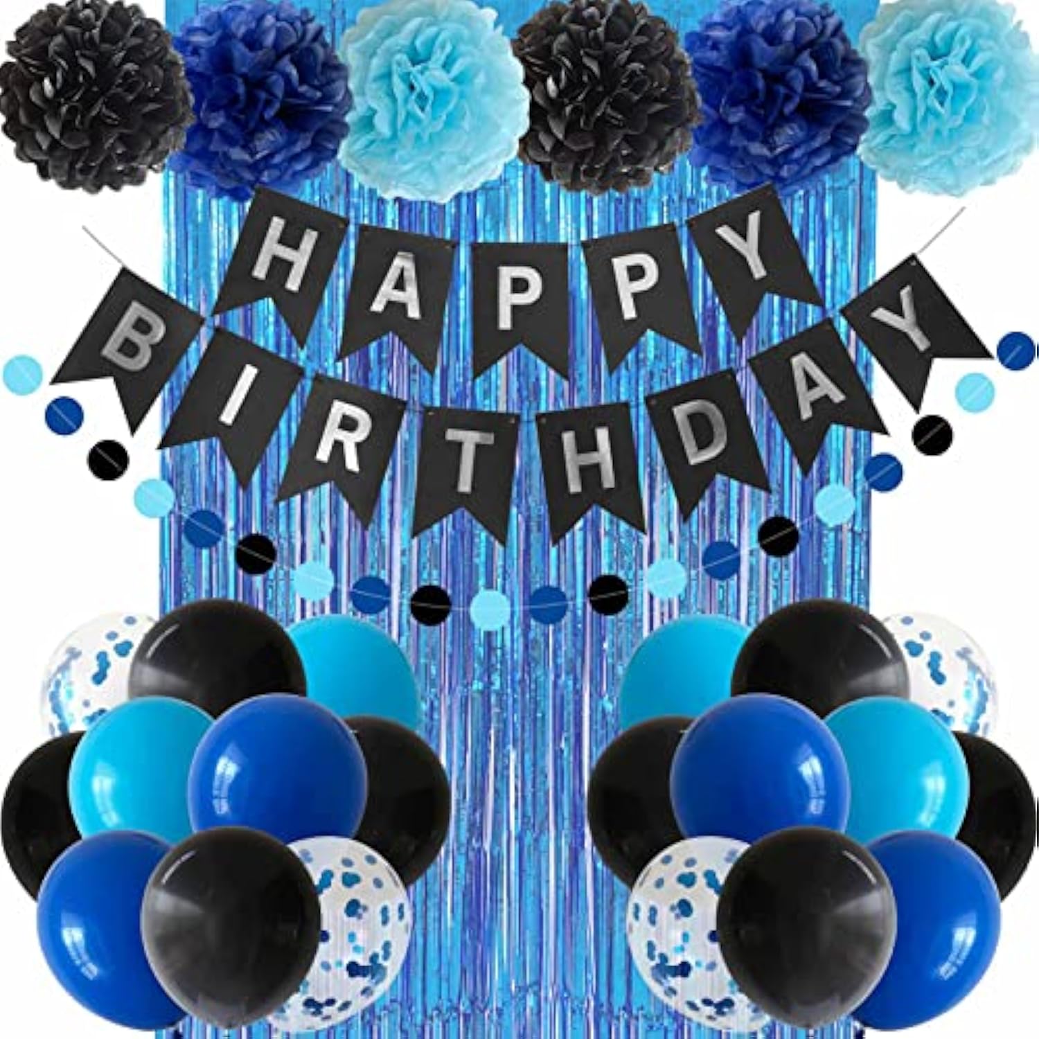 Blue & Black Birthday Decoration Kit: Banner, Balloons, Foil Curtain