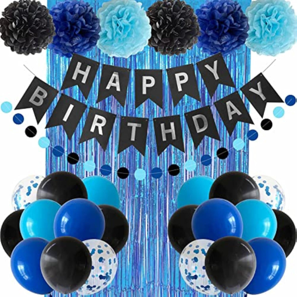 Blue & Black Birthday Decoration Kit: Banner, Balloons, Foil Curtain