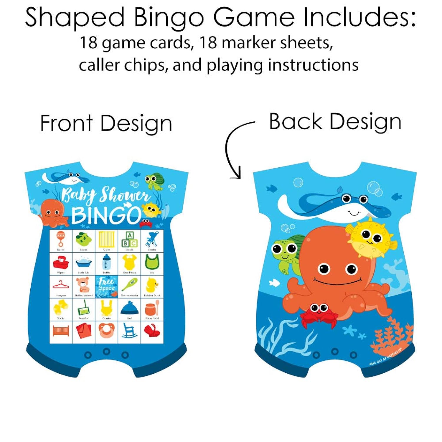 Big Dot of Happiness Under the Sea Critters - Picture Bingo Cards and Markers - Baby Shower Shaped Bingo Game - Set of 18