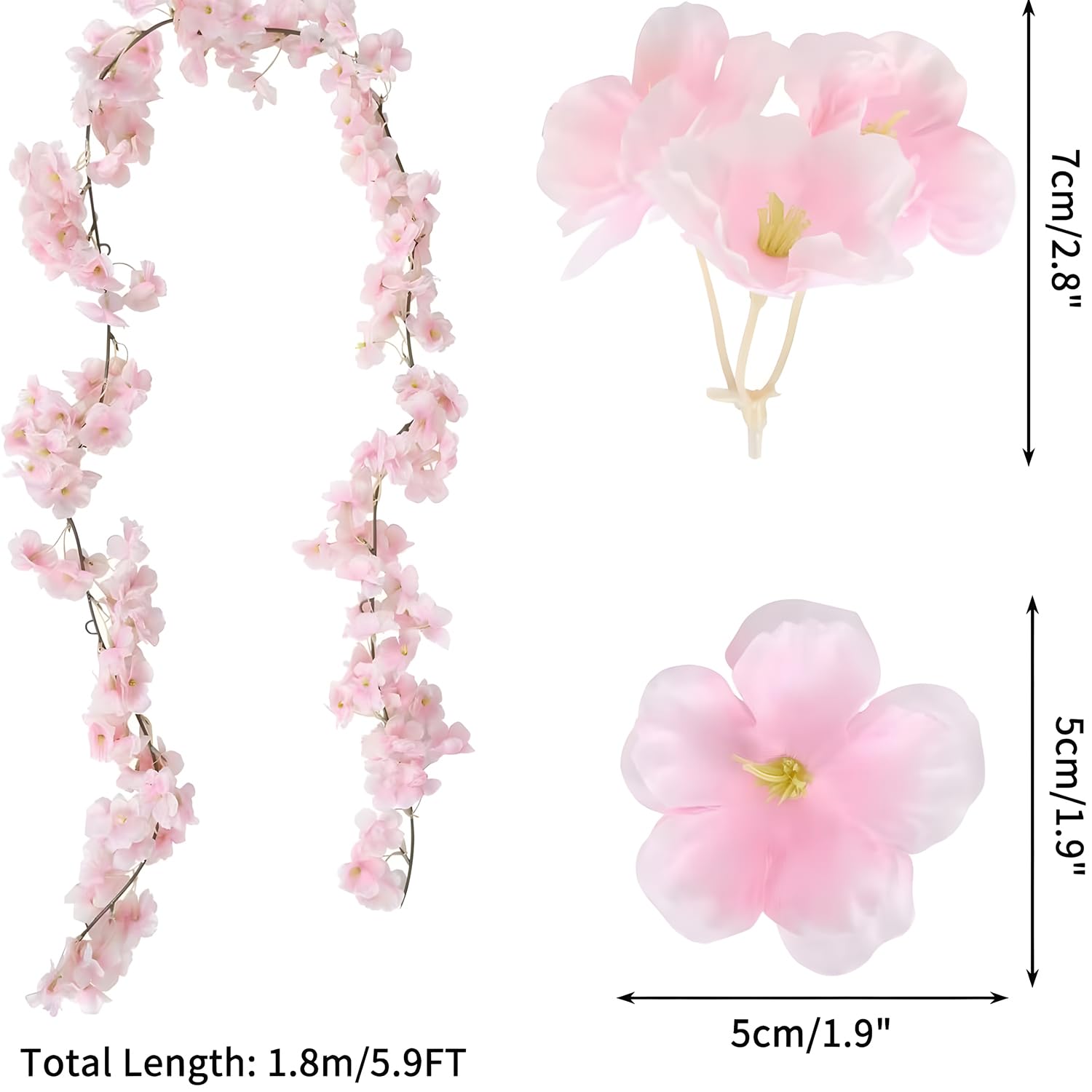 3Pcs 5.91 Ft Artificial Cherry Blossoms Garland Pink Fake Vines Hanging Silk Cherry Blossom Sakura Vine For Outdoor Wedding Party Home Decor