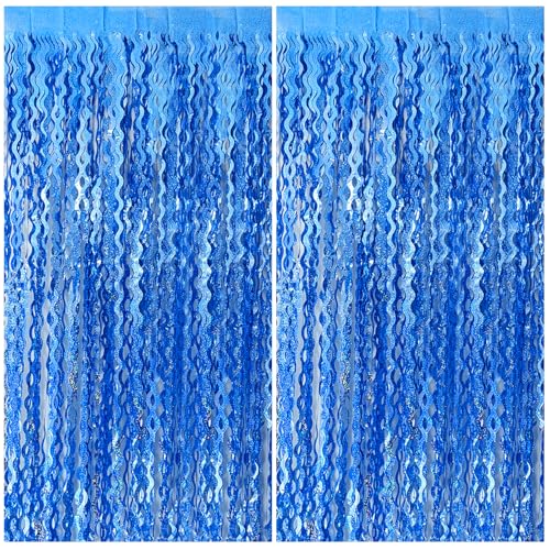 Blue Backdrop Wavy Tinsel Foil Fringe Curtains for Parties Sparkle Metallic Wavy Blue Birthday Decorations for Streamers Party Decorations Photo Booth Props Birthday Ocean Party Decor Supplies