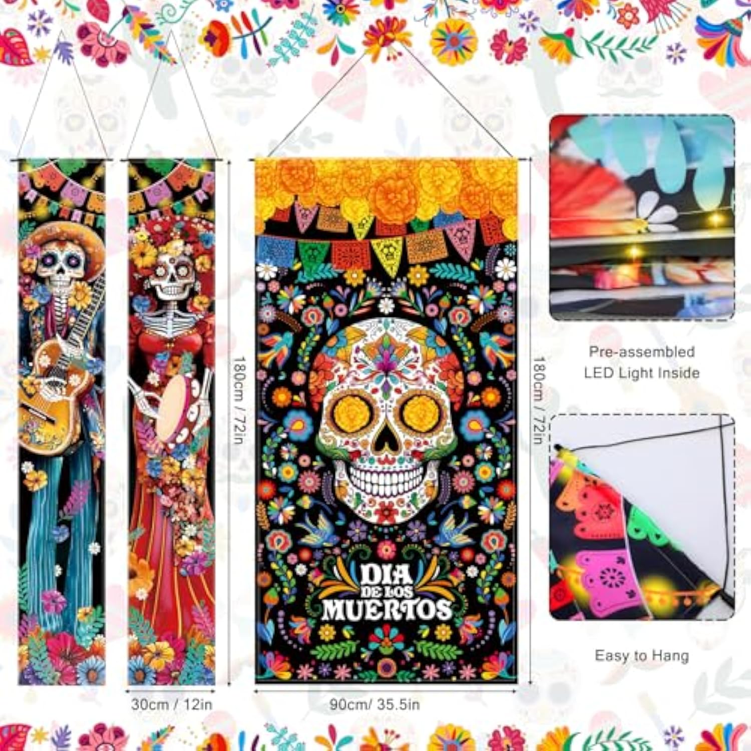 3 Pcs Day Of The Dead Decorations Dia De Los Muertos Door Cover With Led Lights Mexican Dia De Los Muertos Altar Party Porch Sign Halloween Sugar Skull Door Banner Backdrop For Fiesta Party