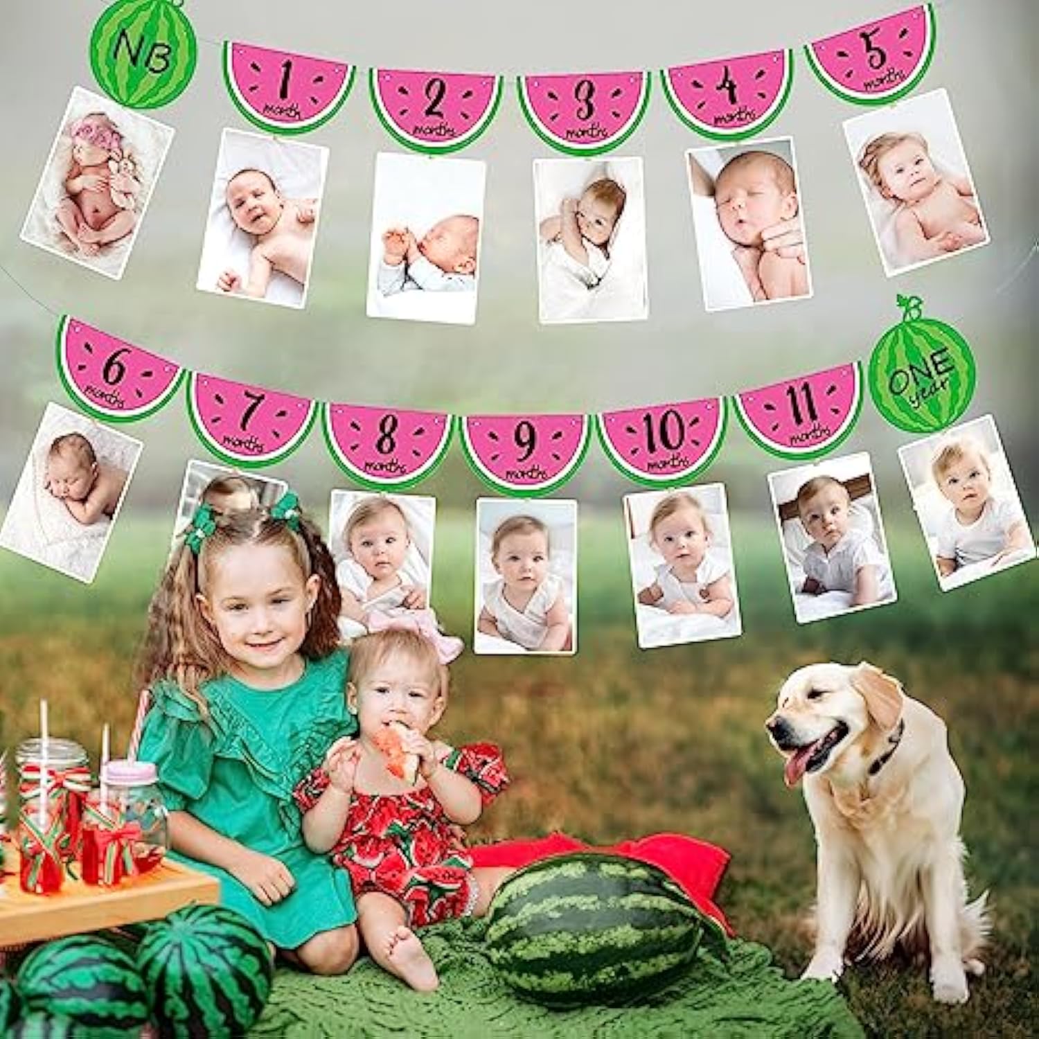 Watermelon Photo Banner 1-12 Month 1St Birthday Monthly Banner Baby Girl Photo Display Milestone Photograph Bunting Garland One In A Melon Summer Fruit Themed Party Supplies Decorations