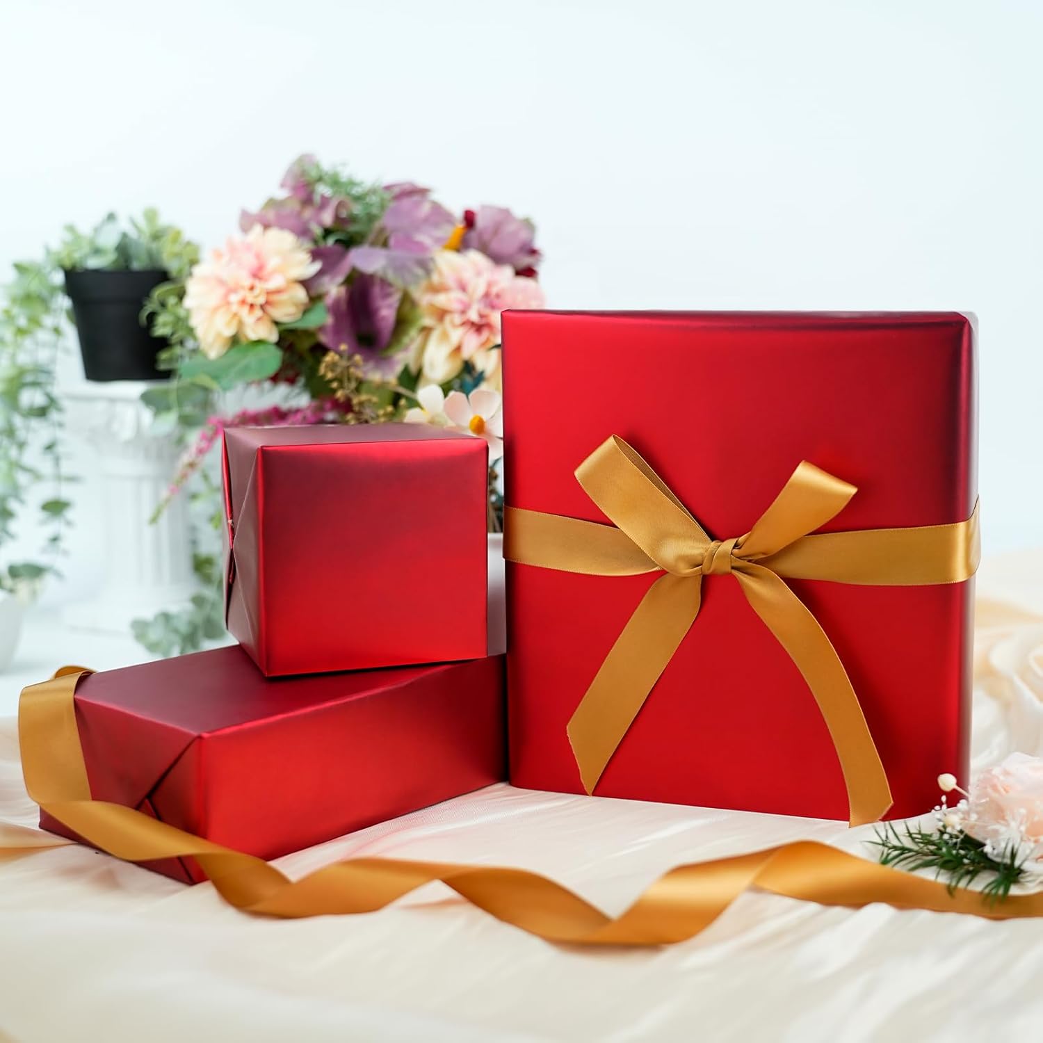 Christmas Wrapping Paper - 17 Inch X 33 Feet (46.7 Sq. Ft. Ttl.) - Matte Red Design Perfect For Xmas, Party, Holiday Gift Wrap