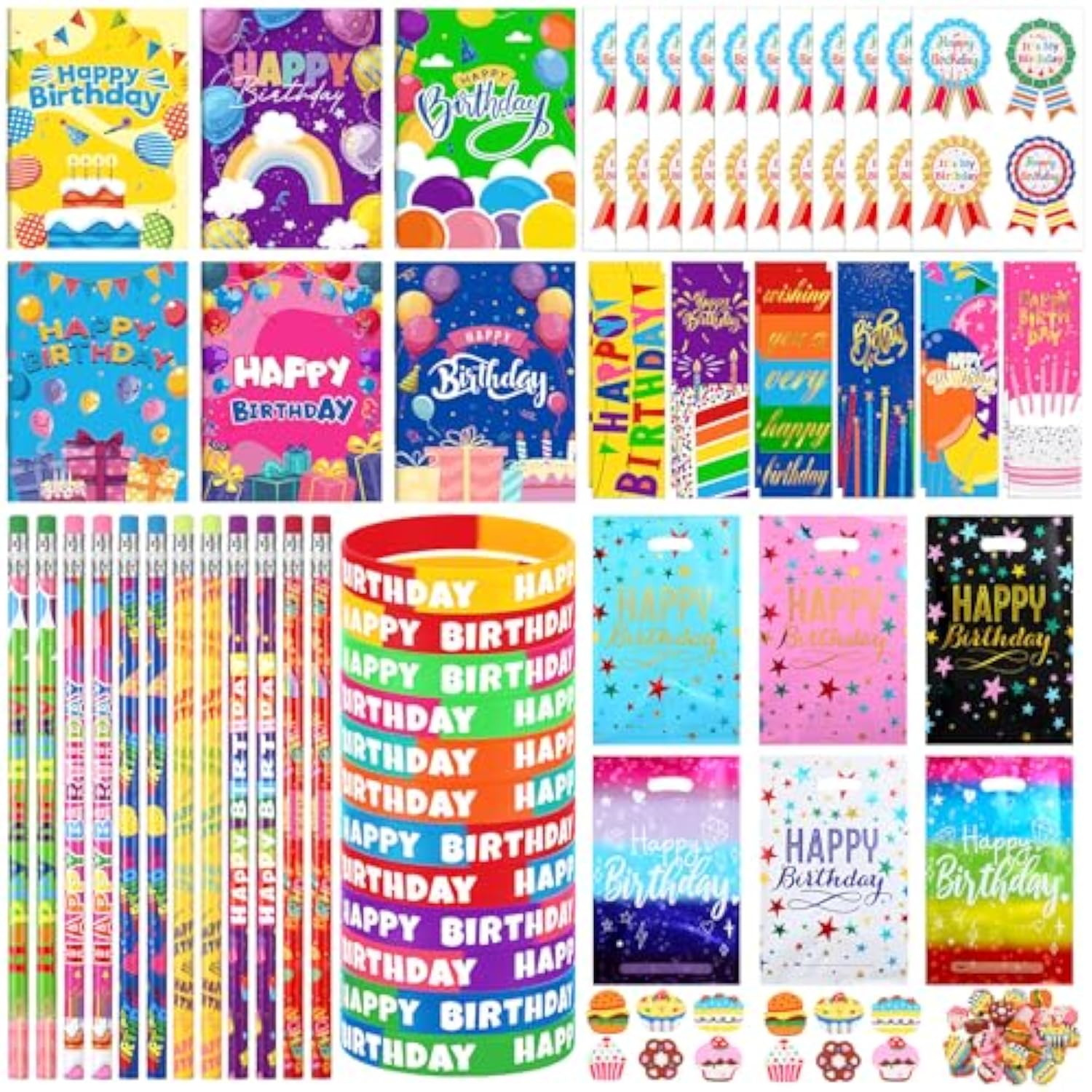 168 Pcs Birthday Classroom Gifts For Students Kids Birthday Return Gifts From Teacher Pencils Notebooks Bracelets Badge Stickers Bookmarks Erasers For Class Reward School Prize Party Favor