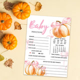 50Pcs Baby Prediction Cards For Baby Shower Games, Fall Pink Bow Pumpkin Wish And Advice Cards With Box For Baby Shower Decorations, Gender Reveal Boy Or Girl Decor (Pumpkin Prediction)
