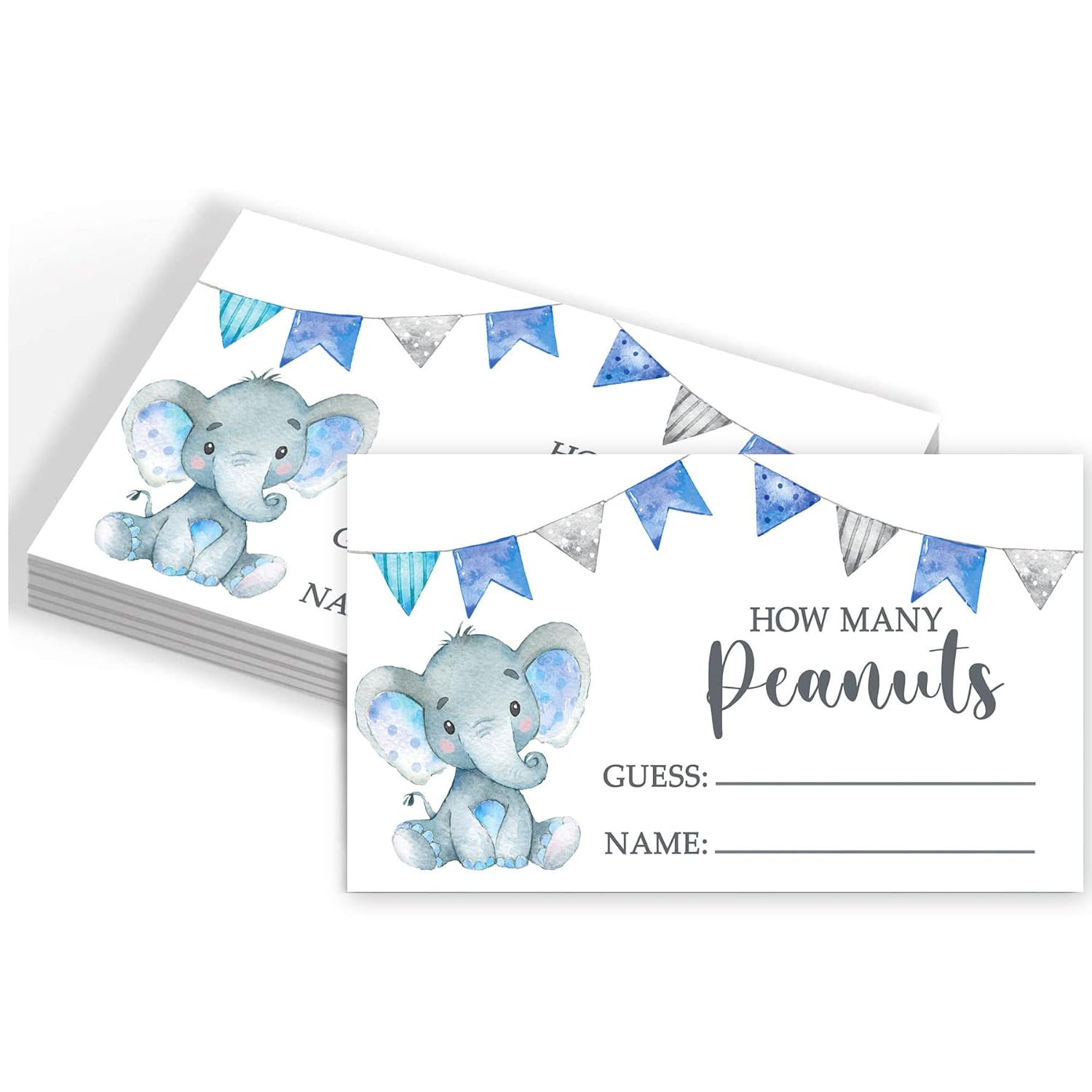 Blue Elephant Guess How Many Peanuts, Elephant Baby Shower Game, 50 Cards And Matching Standing Sign, Boy Elephant Baby Shower Decorations