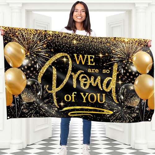 We are so Proud of You Banner - Congratulations Banner - Graduation Decorations for Prom - You Did It - Well Done - 5ft x 3ft (Black & Gold)