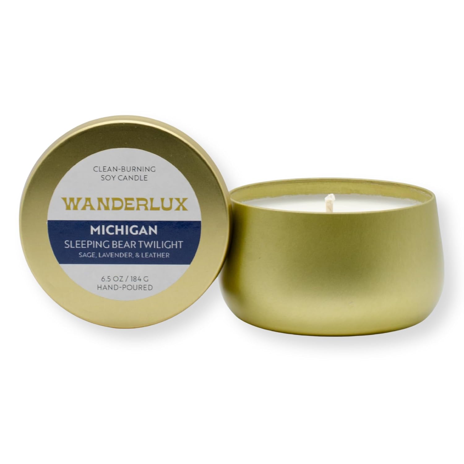 Sleeping Bear Twilight Soy Candle – Michigan Collection – Hand-Poured In Usa, Sage, Oakmoss, Amber, And Citrus, Brass Tin With Lid, 6.5 Oz