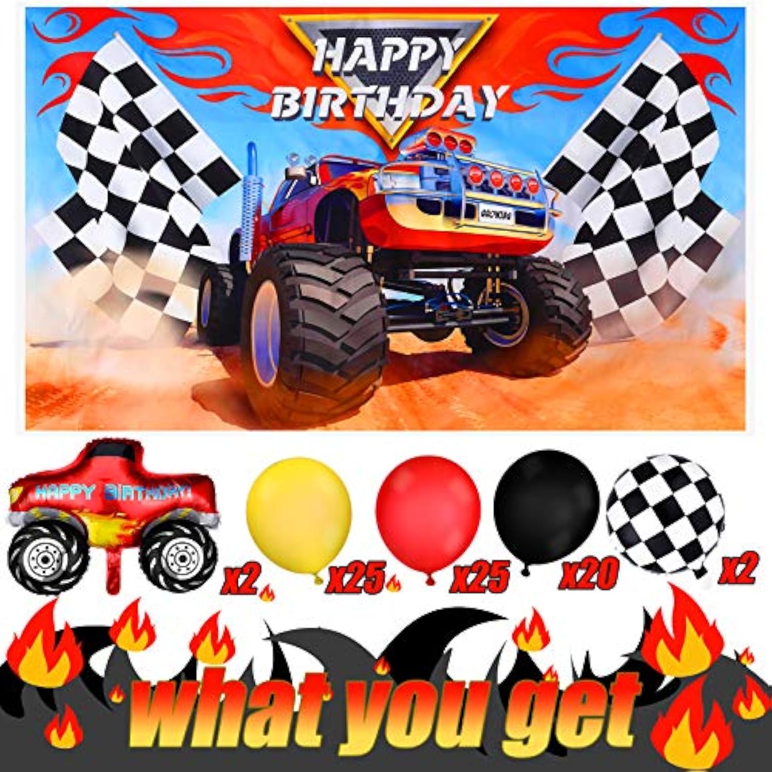 75 Pcs Truck Party Supplies Truck Birthday Decorations Include Truck Backdrop Truck Balloons Mosaic Race Foil Balloon Multicolor Balloons