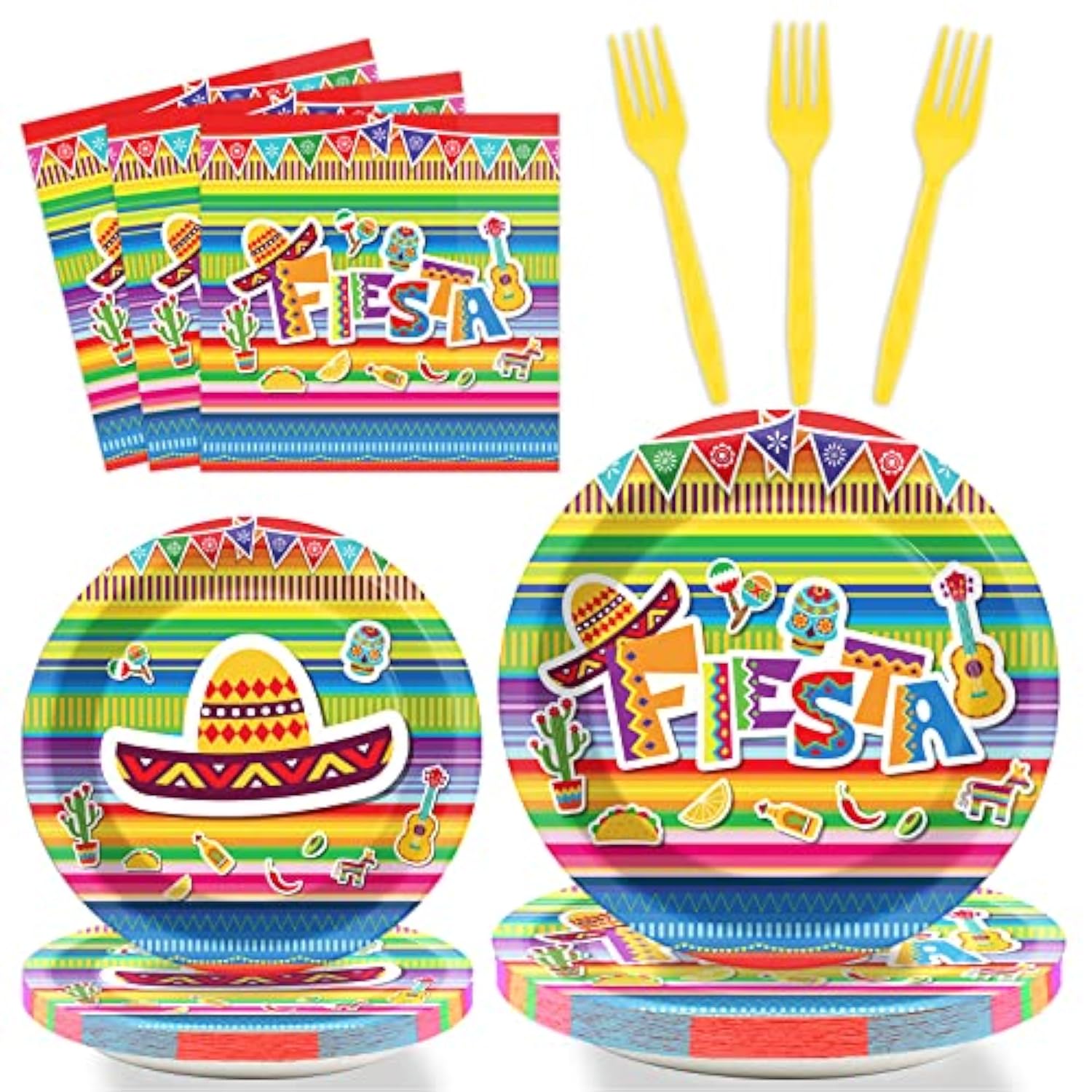 96 Pieces Fiesta Party Decorations Mexican Plates Tableware Set For De Mayo Party Decorations Supplies Mexican Themed Paper Dessert Plates Napkins Forks For 24 Guests Birthday Party Favors