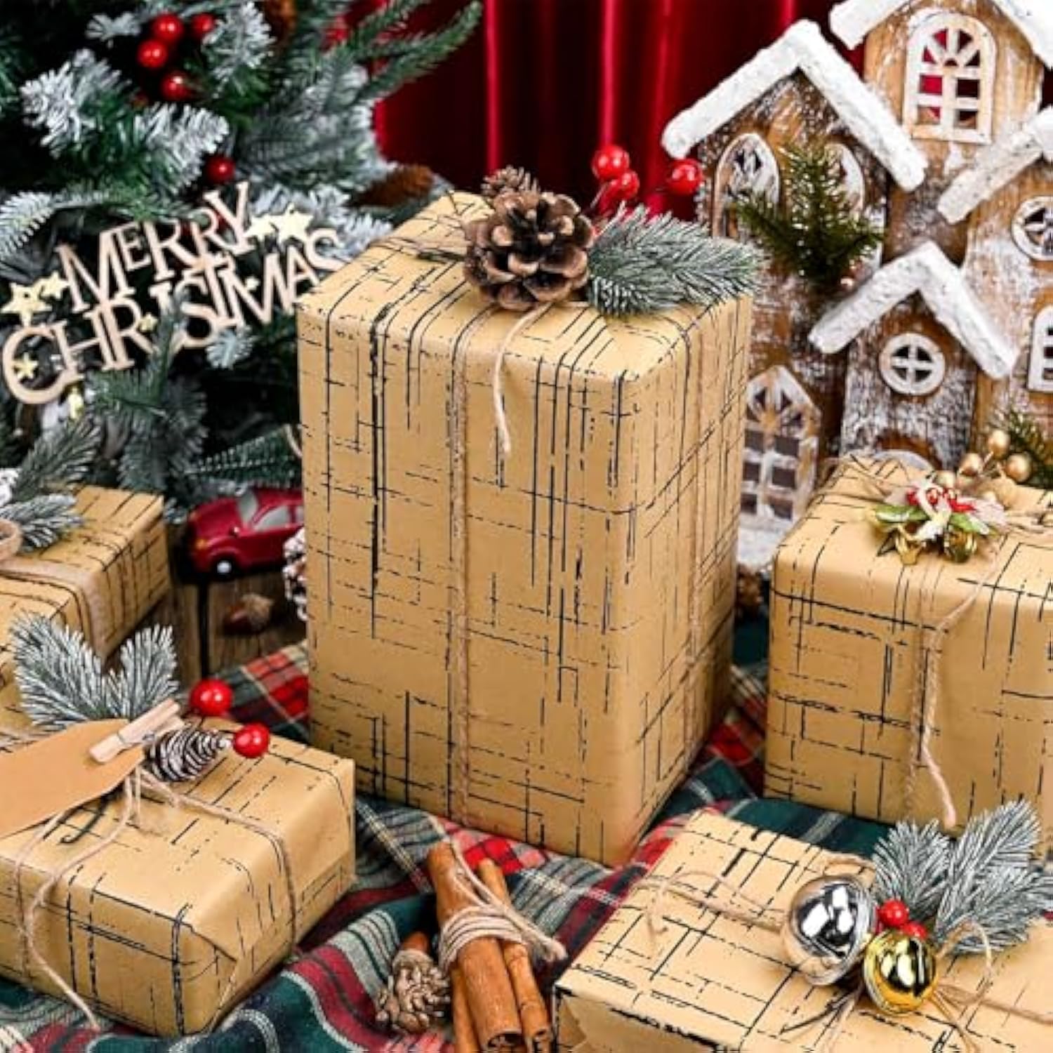 Kraft Wrapping Paper Roll, Brown Gift Wrap With Dynamic Plaid Pattern - 17 In X 32.8 Ft Black Stripe Wrapping Paper For Christmas, Wedding, Father'S Day, Mother'S Day, Valentines Day - 1 Roll (46.5 Sqft.)