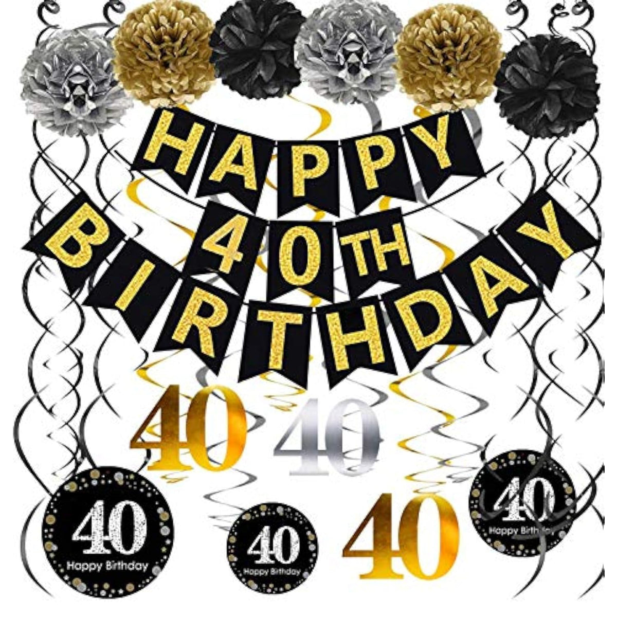 Black & Gold 40th Birthday Decoration Set – Glitter Banner, Poms and Hanging Swirls Party Kit