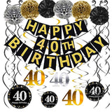 Black & Gold 40th Birthday Decoration Set – Glitter Banner, Poms and Hanging Swirls Party Kit