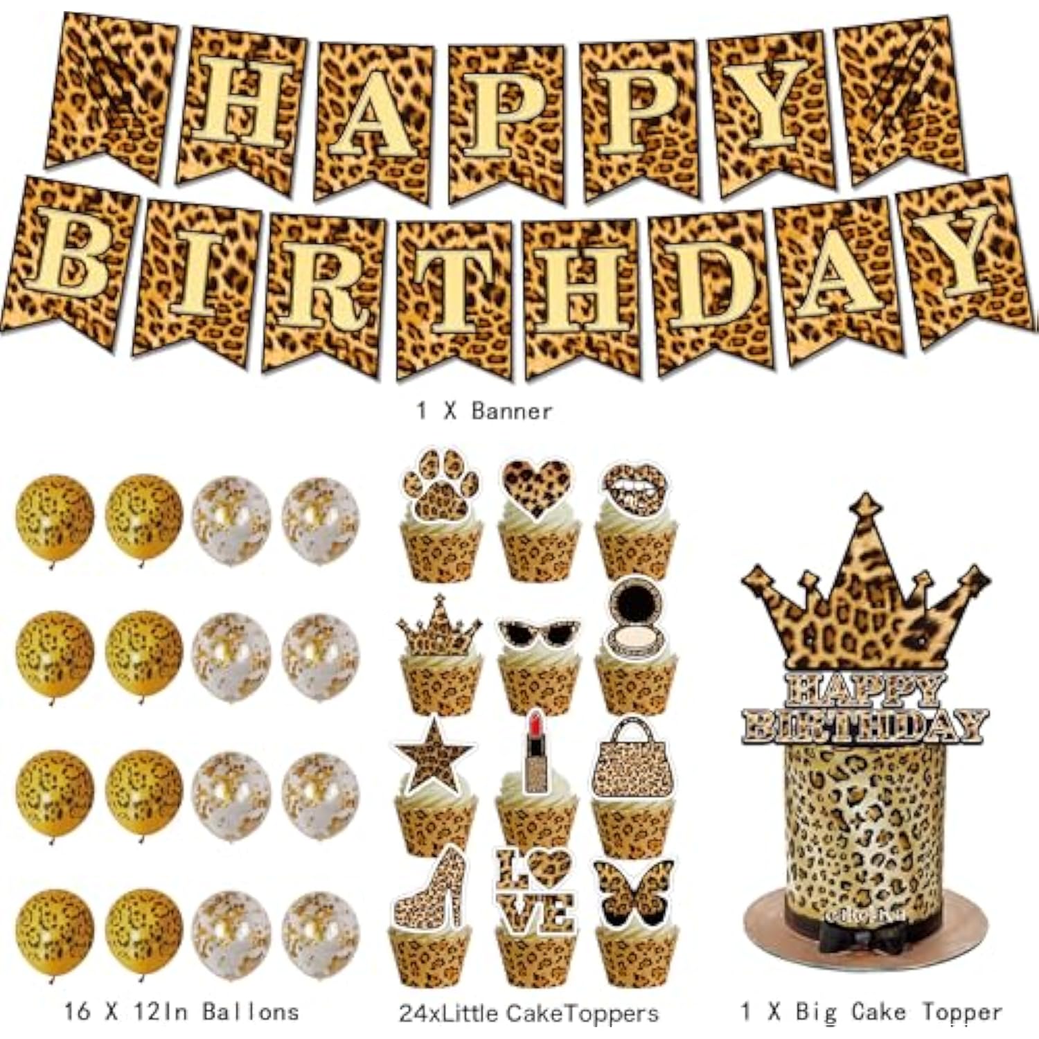 Cheetah Print Birthday Decor Leopard Safari Theme with Balloons Banner Cake Topper