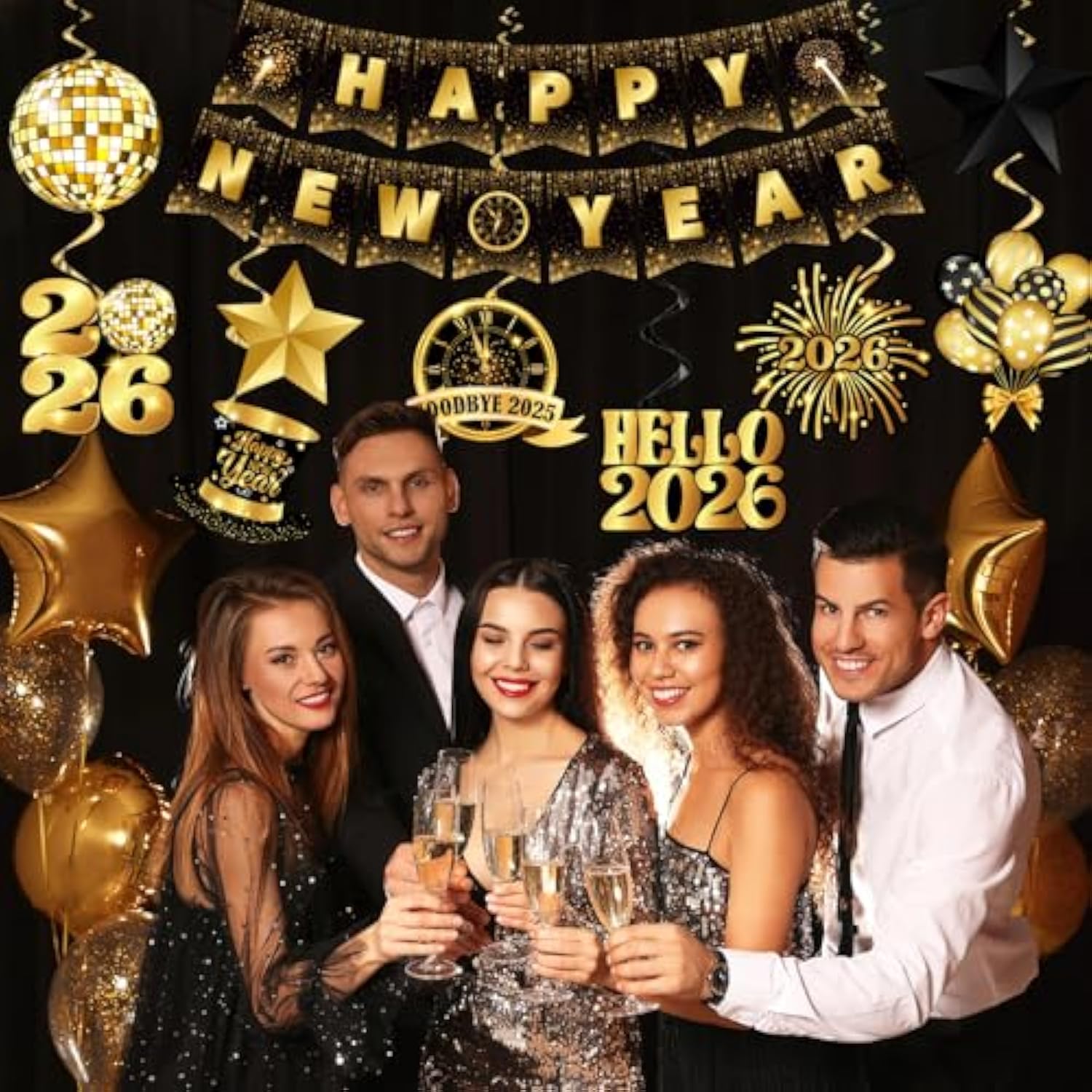 Black Gold Happy New Year 2026 Banner and Hanging Swirls Party Decorations