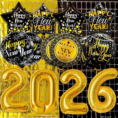 16 Pieces, Gold 2026 Balloons Set - Big, 32 Inch | Shimmery Black and Gold New Year Backdrop | Happy New Year Balloons, New Years Balloon, Black Gold New Years Eve Party Supplies 2026, NYE Decorations
