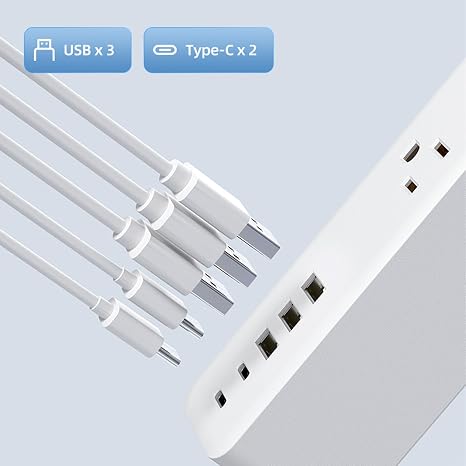 Surge Protector Power Strip 9 Outlets 5 USB Ports 2 USB C 5FT Flat Plug White