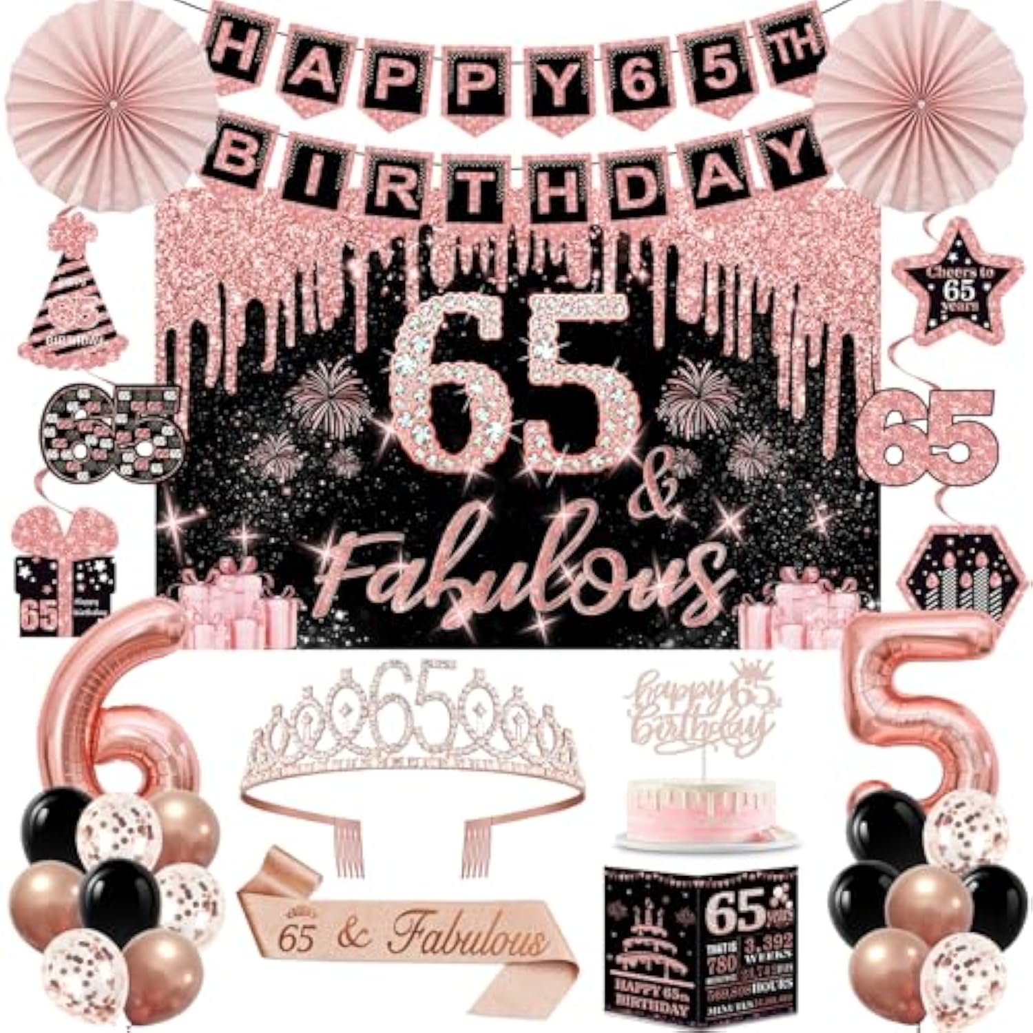 65Th Birthday Decorations For Women,32Pcs 65Th Birthday Party Decorations,Including Backdrop, Crown, Sash, Banner, Hanging Swirl,Cake Topper,Balloons,Paper Fans,Anniversary Card And Paper Fans
