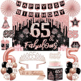 65Th Birthday Decorations For Women,32Pcs 65Th Birthday Party Decorations,Including Backdrop, Crown, Sash, Banner, Hanging Swirl,Cake Topper,Balloons,Paper Fans,Anniversary Card And Paper Fans