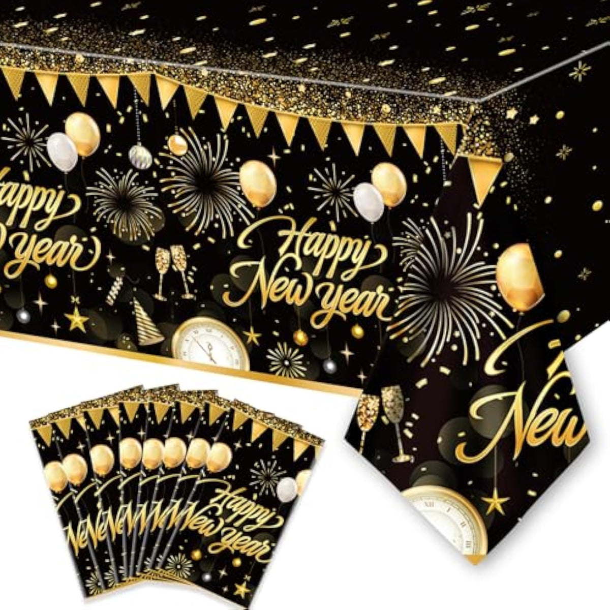6Pcs Black Gold Happy New Year Tablecloth 108x54in Disposable Party Decor