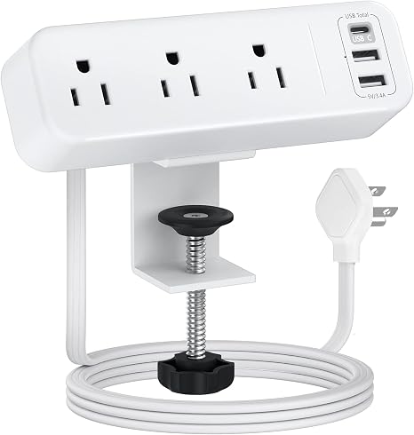 Desk Clamp Power Strip 3 Outlets USB C 6.5FT Flat Plug Desk Mount White