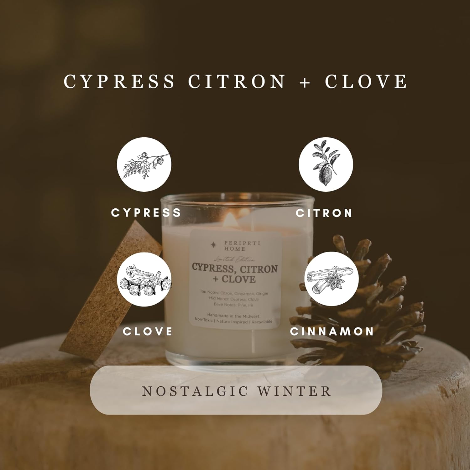 Peripeti Home Cypress, Citron + Clove Scented Candle – 8.5Oz Classic Wick, Natural Soy Wax, Long-Lasting Burn For Cozy Holiday Aromatherapy