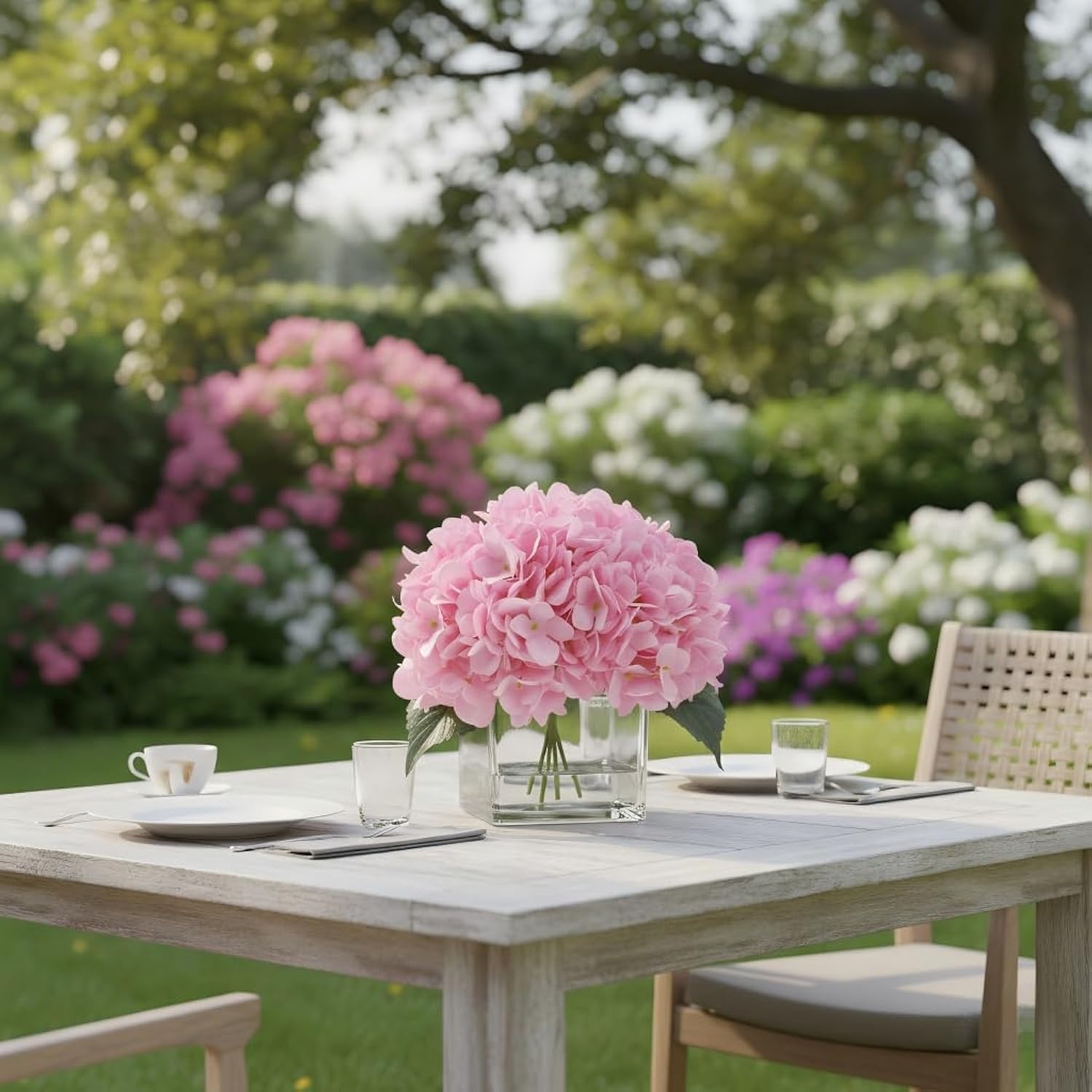 Artificial Hydrangea Flowers In Vase, Silk Floral Arrangement In Vase With Faux Water For Home Decor Indoor, Room Table (Pink)
