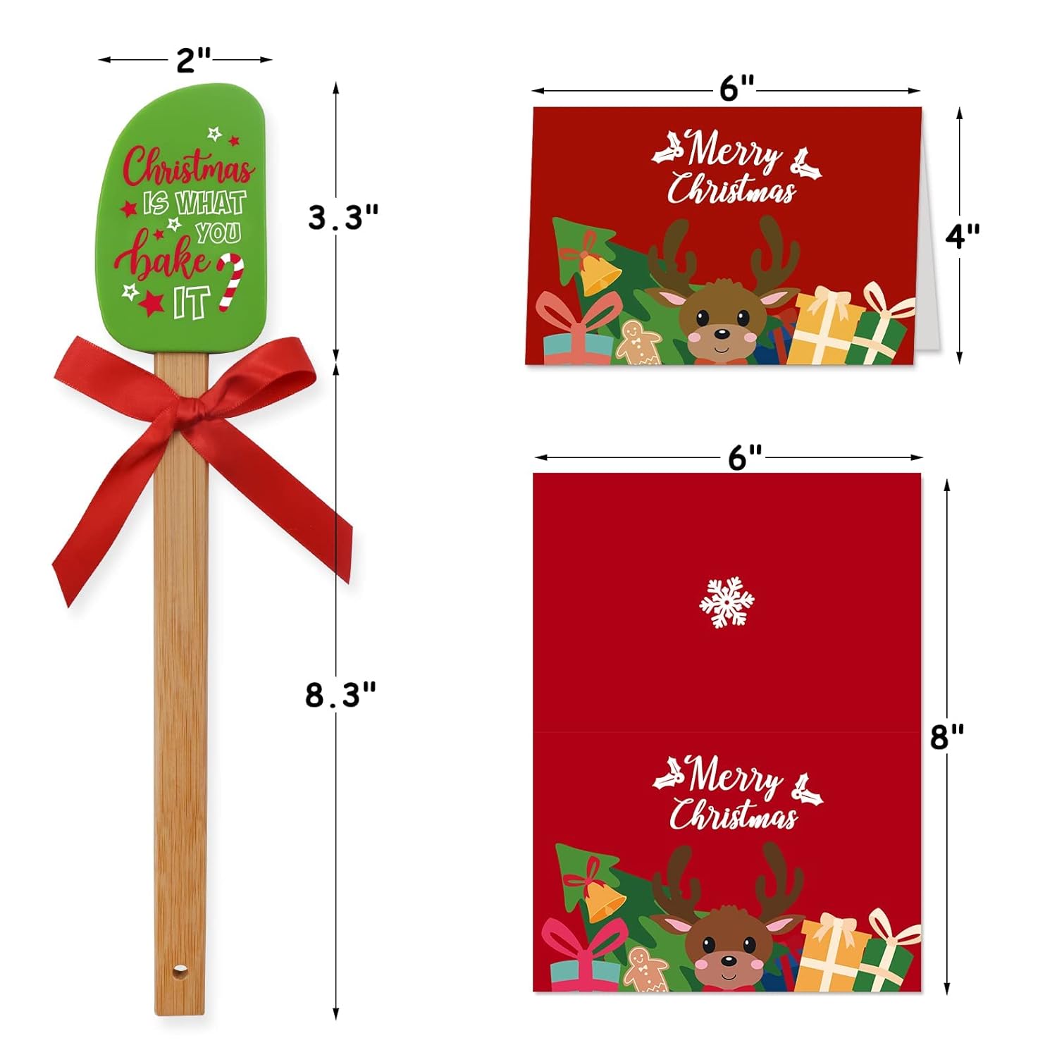Set Of 3 Christmas Silicone Spatulas W/Merry Christmas Greeting Card, Food Grade Heat Resistant Scraper Connect Bamboo Handle, Classic Gingerbread Man Candy Cane Reindeer Xmas Cooking Baking Gifts