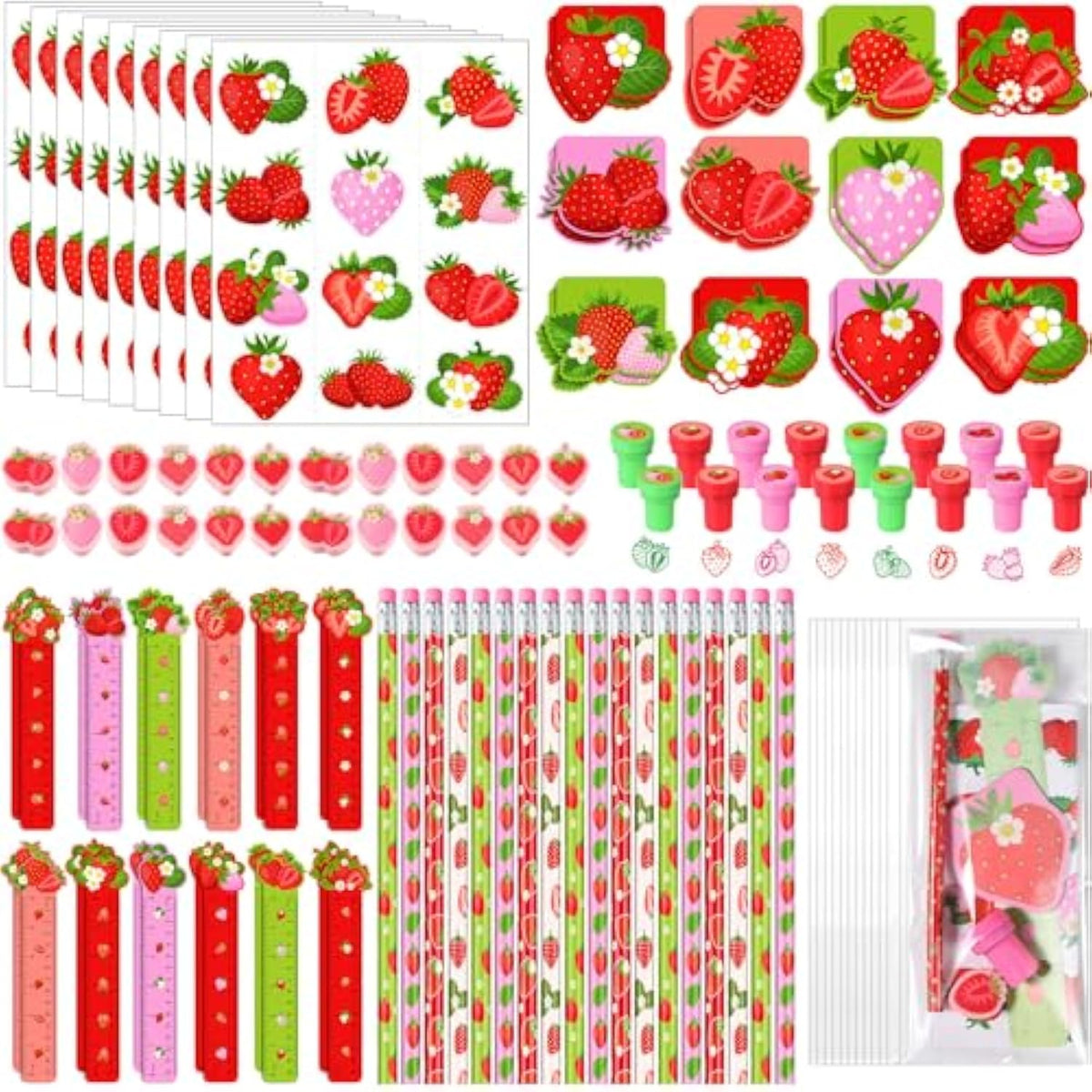 168 Pcs Strawberry Party Favors Supplies Stationery Set Notebook Sticker Stamper Eraser Ruler Pencil Bag For Strawberry Baby Shower Birthday Party Gift Classroom Prize