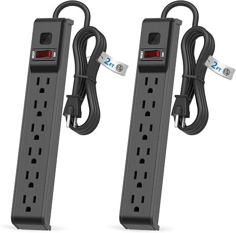 6 Outlet Surge Protector Power Strip 2FT Extension Cord 600J Overload Protection Wall Mount 15A 1875W
