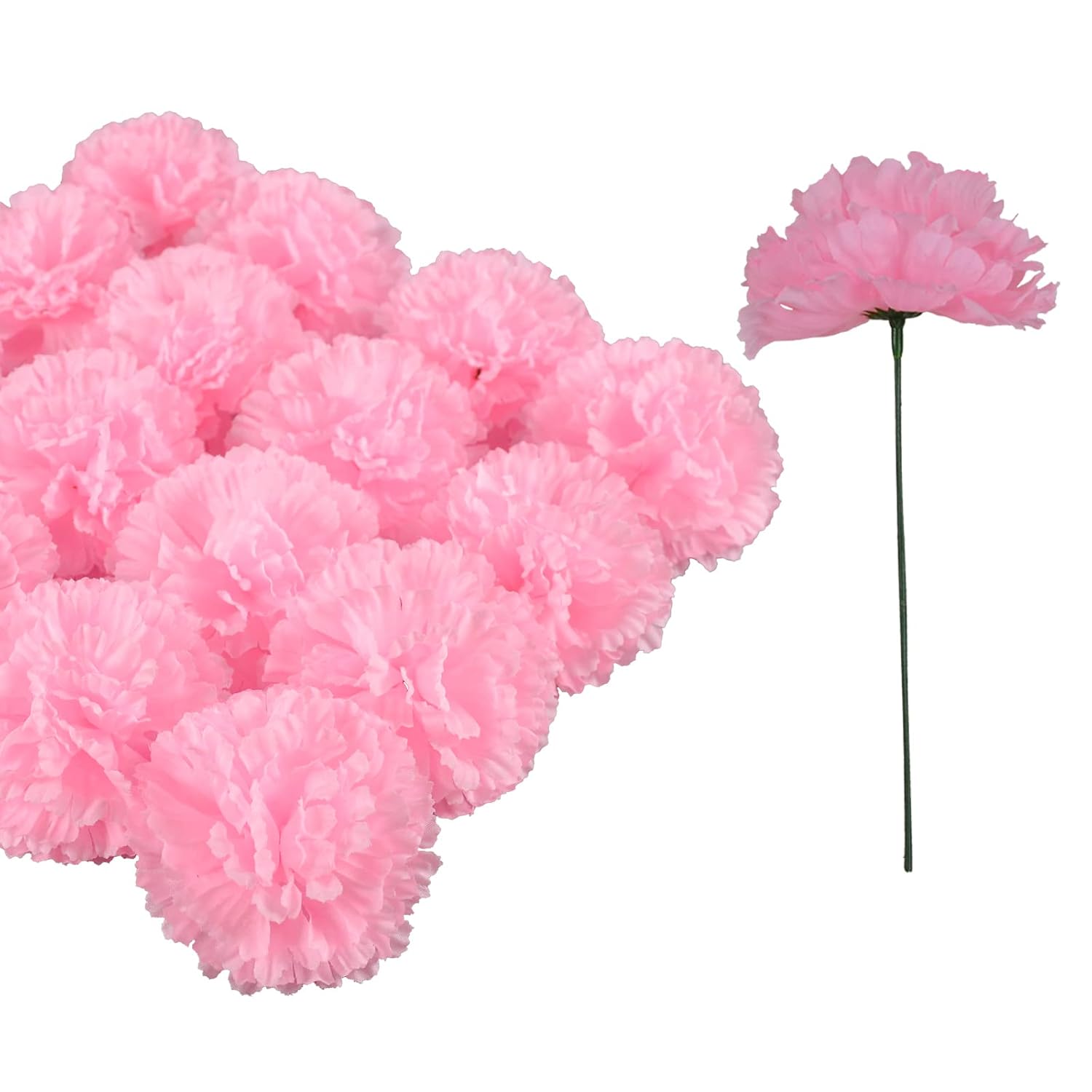 Silk Carnation Flower, 50 Artificial Flowers, Used For Wedding Decoration Diy Handmade Flowers, Carnation Flower Diameter 3.5 Inches And 6 Inches Stem (Pink)