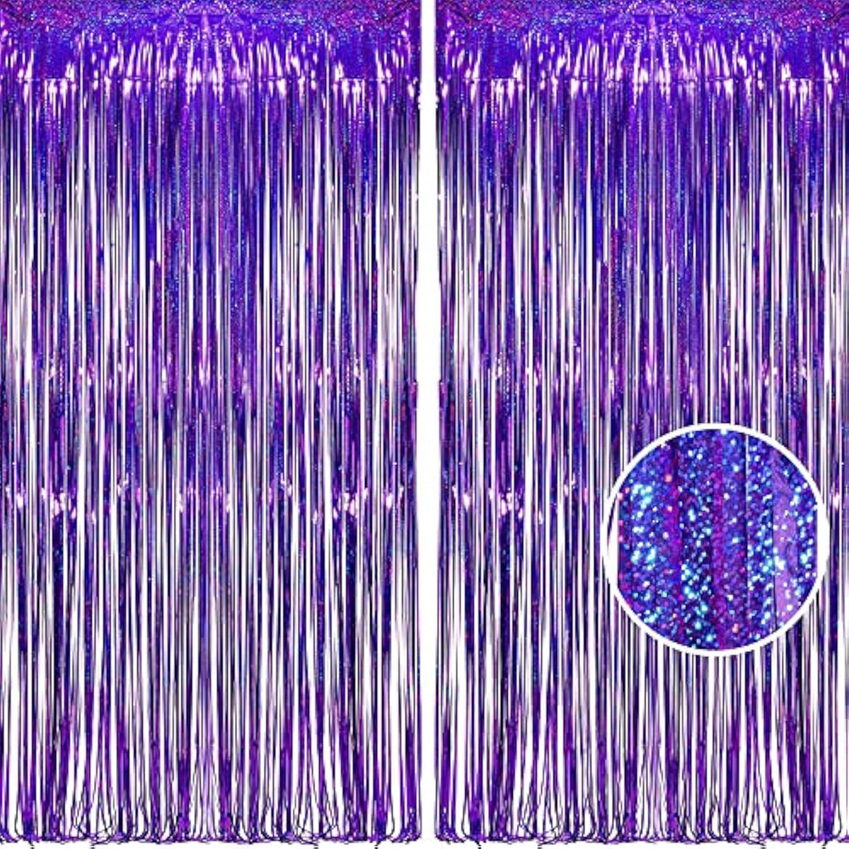 Purple Tinsel Foil Fringe Curtains - 2Pcs 3.2X8.2Ft Party Streamers Backdrop For Valentines/Hunters/Girl/Women/Birthday/Mermaid/Bridal Shower/Bachelorette/Anniversary/Engagement Decorations