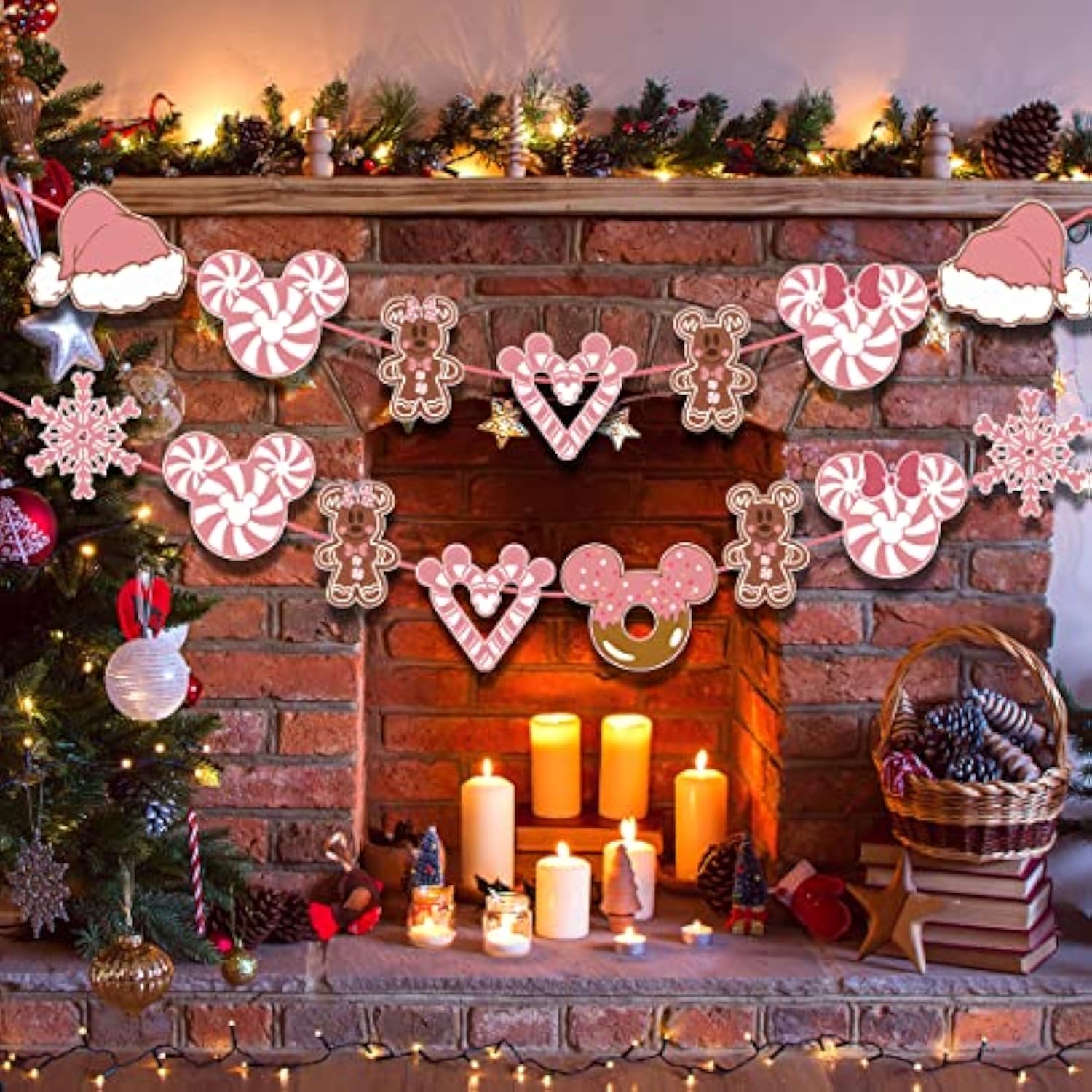 Mouse Christmas Tree Decoration-Pink Christmas Candy Garland Banner, Mouse Gingerbread Cutouts Banner For Fireplace Baby Shower Holiday New Year Supplies